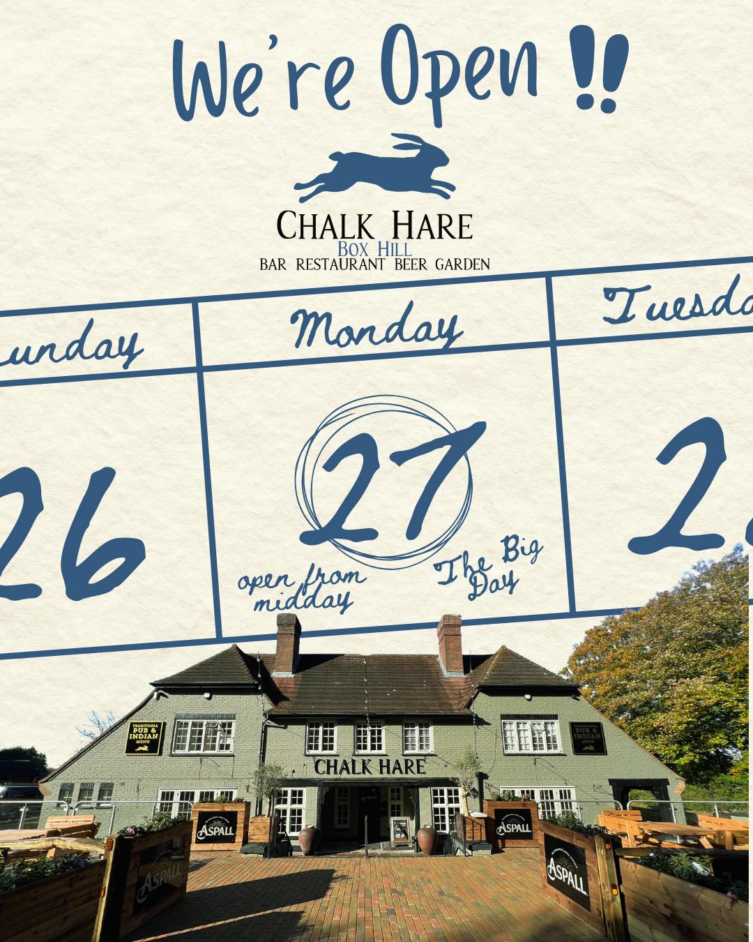 🎉 The wait is over! 🎉
The Chalk Hare is open from midday today! 🐇🍽️ Come and check out the latest addition to the Parsons Group—serving great food, good vibes, and plenty of flavour. See you soon!
We’re located on the Box Hill Road, Tadworth, KT20 7PS
For more info visit our website: www.chalkhare.co.uk
😍 #ChalkHare #ParsonsPig #PeacockLodge #BlackHorseHookwood #ParsonsGroup #NowOpen