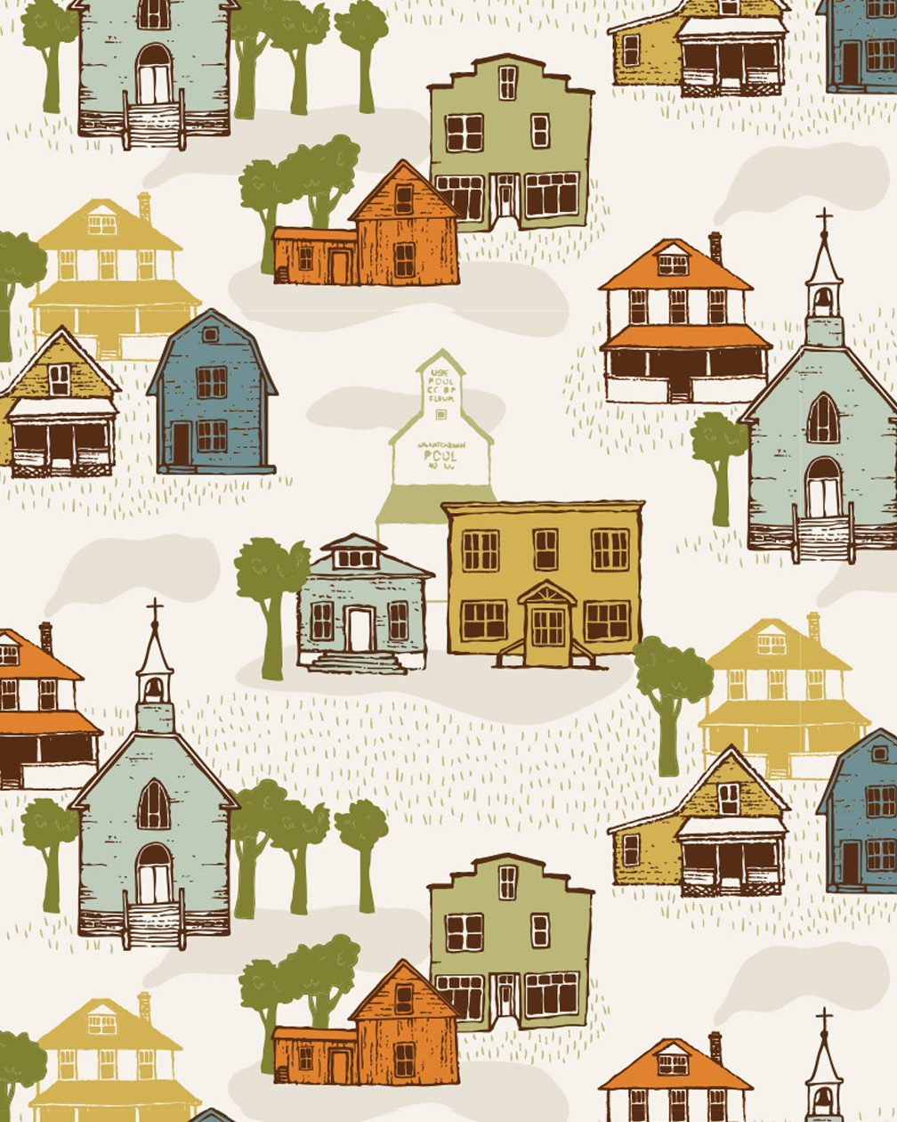 This is Small Town, the hero pattern of my Prairie Life collection. Because I love making maps and drawing buildings, a pattern based on rural architecture seemed like a natural starting point. Each of these buildings existed at one time or another in the town that I am from, Zenon Park, Saskatchewan.
I was really pleased with the way my graphite lines turned out when I converted my pencil drawings to vectors for this pattern. I added shapes to serve as smoke and clouds that could also ground some of the buildings, and grassy areas for more texture. The colours are intended to be calm and evoke a sense of nostalgia. What do you think?
Small Town, along with the rest of the collection, will be available on Spoonflower soon. I've ordered samples of each pattern to make sure everything prints just right.