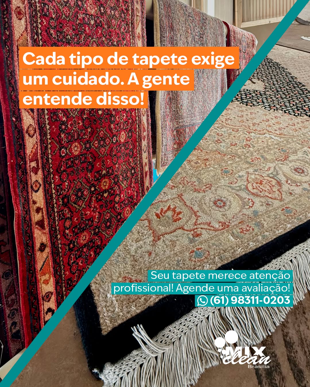 Você sabia que cada tapete tem uma necessidade diferente de limpeza?
🤔 Sisal precisa de cuidado com a umidade.
🧼 Felpudos exigem extração profunda e produtos suaves.
🎨 Tapetes orientais e persas demandam técnicas delicadas para não perderem sua cor ou textura.
Na Mix Clean, nossos especialistas avaliam cada peça individualmente para aplicar o processo ideal de higienização. Nada de soluções genéricas, aqui, o cuidado é sob medida!
✨ Resultado? Tapetes mais duráveis, livres de ácaros e com aparência renovada, respeitando sempre o tipo de fibra e acabamento.
Seu tapete merece atenção profissional! Agende uma avaliação gratuita!
📲(61) 98311‑0203
💬 Atendimento ágil e personalizado via WhatsApp
#MixCleanBrasília #LimpezaProfissionalDeTapetes #TapeteComCuidado #HigienizaçãoSobMedida #TapetePersa #TapeteFelpudo #TapeteSisal #CuidadoEspecializado #TapeteBemCuidado #MixCleanÉConfiança #BrasíliaDF