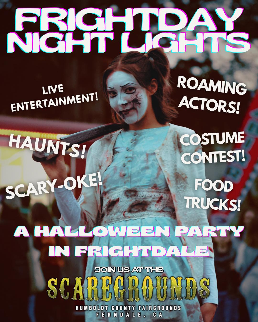 Join us on October 31st - HALLOWEEN NIGHT - at the SCAREGROUNDS for FRIGHTDAY NIGHT LIGHTS 🪩
A Halloween party like no other - creepily complete with haunted mazes, scare actors, food trucks, scary-oke, costume contests, light shows and more 👯♀️
Oh and guess what - you can use code SCREAM10 for 10% off your ticket purchase on humboldthaunt.com 🙀
Photo by @kaylarae.yeah of @fortunahigh
#localbusiness #frightdale #scaregrounds #visitferndale #ferndalecalifornia #humboldtcounty #visithumboldt #hauntlife #hauntedmaze #humboldt #ferndalefrightfullyfun #NorCalTravel #humboldtcountyfair #screamatorium #shoplocal #hauntedhouse #visitnorcal #griffinloch