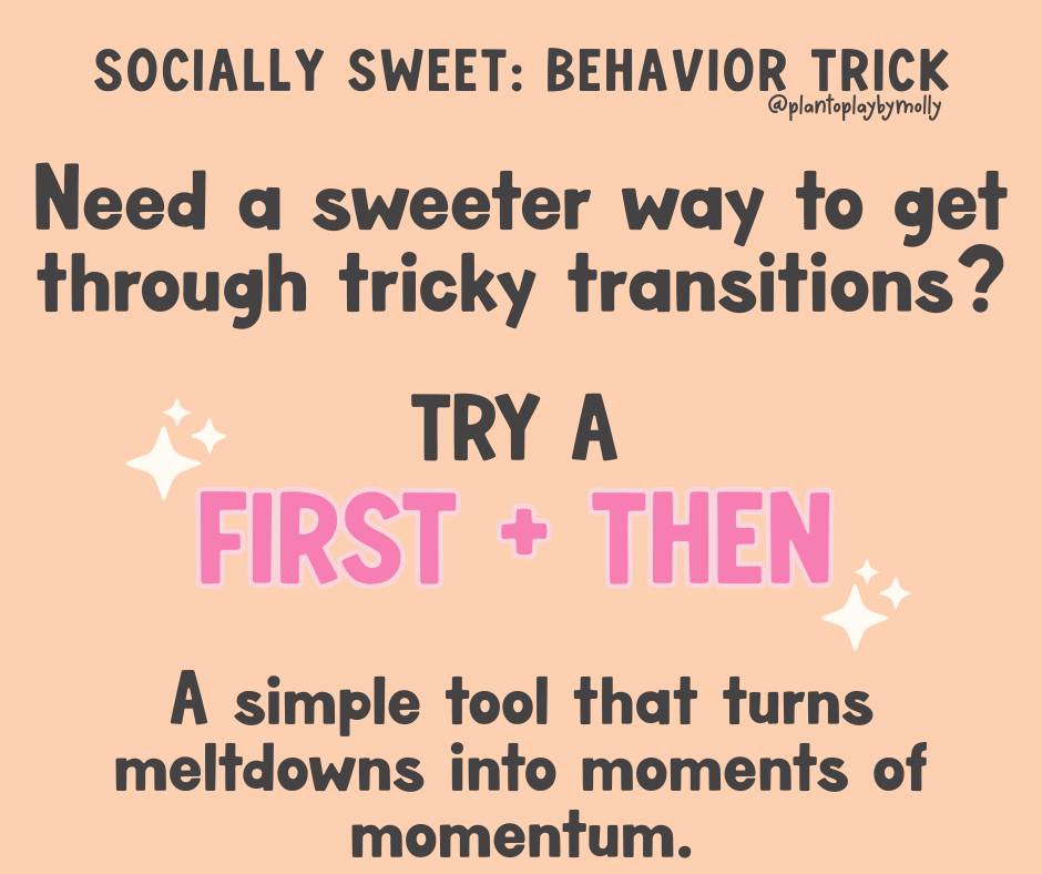 🍭 Socially Sweet Behavior Trick: FIRST / THEN
A simple structure with big impact — because kids thrive when they know what’s next. 💛
✨ Try this when:
– Transitions feel tricky
– Tasks get met with “nope”
– You want to build independence and calm
💬 Example:
“First shoes 👟, then playground 🌳.”
“First puzzle 🧩, then snack 🍪.”
Visual or verbal, the goal’s the same — predictability turns resistance into readiness.
🧠 Not a bribe — a bridge.
Because connection and structure make the sweetest combo. 🌈
#PlanToPlay #SociallySweetBehaviorTrick #BCBA #PlayBasedLearning #PositiveParenting #ConnectionOverCorrection #BCBA #ABA #SLP #education #classroommanagement #Teacher #PlayMatters #behavioranalyst #Plantoplaybymolly #momlife #parentingtips #neurodiversity #adhd #ASD