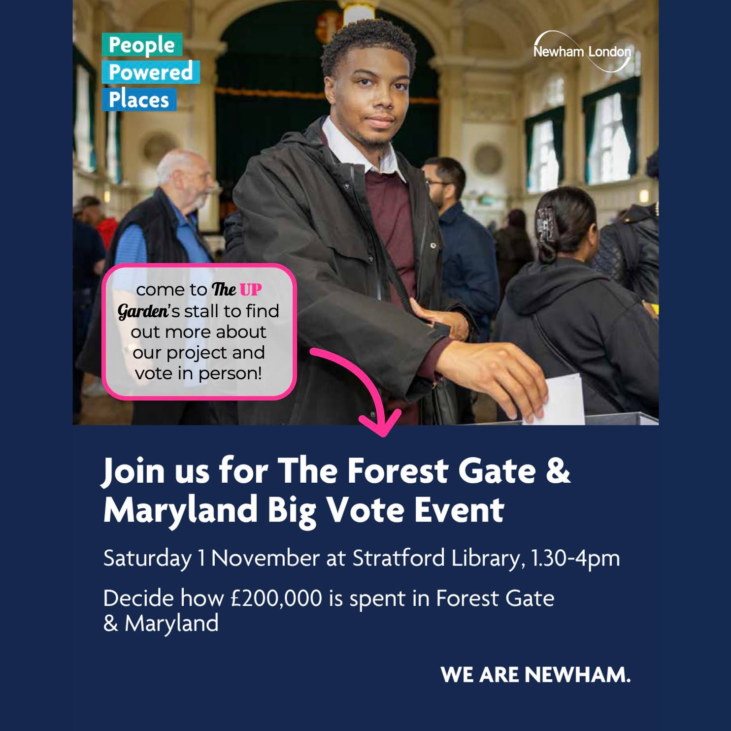 Love #TheUPGarden? We want to keep hosting free events, attract more visitors, engage with more of our community, & improve biodiversity. We have some really exciting ideas of how to do so (check out our project page via the Linktree in our bio) but need your help to make that happen by voting for our project to receive #PeoplePoweredPlaces funding!
Pop along to #TheBigVote to chat to us, find out more & vote in person, or during November you can vote at a library or online (scroll flyers for details). 🫶🏽