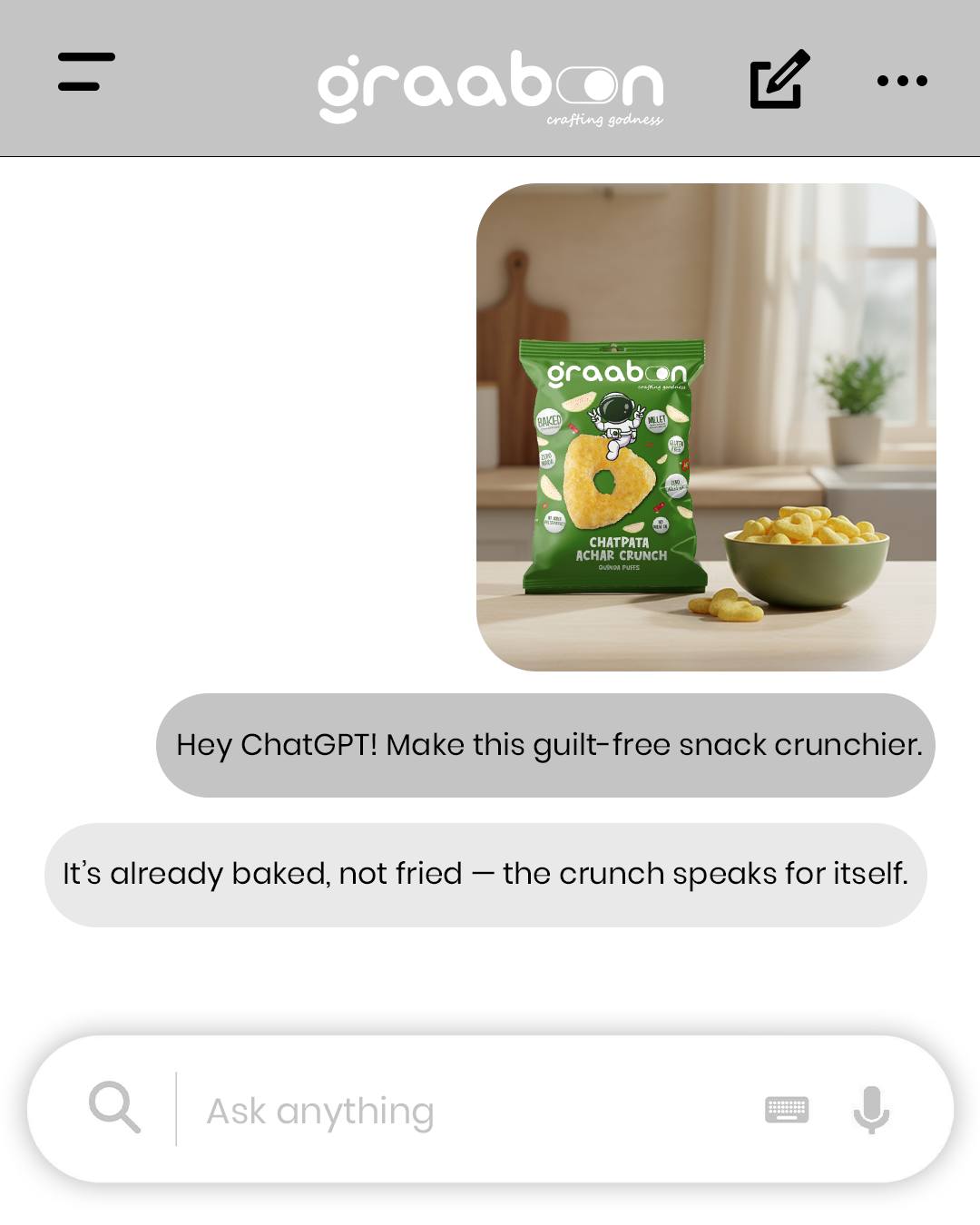 Even ChatGPT agrees: you can’t upgrade perfection. 😎
Baked. Crunchy. Guilt-free. Packed with superfoods. 💪
When your snack game’s this strong, even AI gives up. 🤖✨
#Graabon #SnackSmart #HealthySnacking #BakedNotFried #ProteinSnacks #RagiPower #QuinoaCrunch #GuiltFreeSnacking #HealthyCravings #SnackGoals #SuperfoodSnacks #CleanEatingIndia #SnackBetter #WholesomeCrunch #SnackAddict #ViralTrend #ChatGPTTrend #SnackTime #SnackLovers #HealthyLifestyle #SnackUpgrade #MindfulMunching #BetterSnacking #SnackGameStrong #AmazonFindsIndia #ViralSnacks