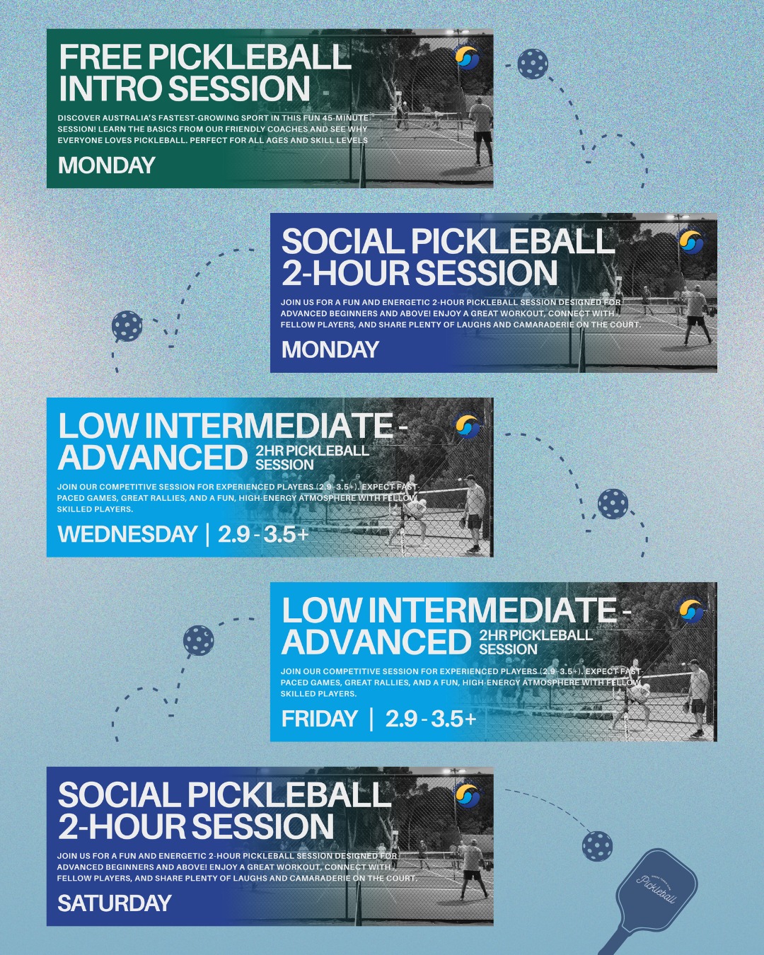 NEW PICKLEBALL SESSIONS AT NOOSA TENNIS CLUB!
We’ve updated our Pickleball schedule — with NEW sessions added for all levels of play! 🙌 Starting at just $7 per session!
💚 MONDAY
• FREE Intro Session – Perfect for beginners!
• Social Pickleball (Advanced Beginners & Above) – Fun, friendly & full of laughs!
💙 WEDNESDAY & FRIDAY
• Low Intermediate – Advanced (2.9–3.5+) – Fast-paced, competitive games and great rallies!
💛 SATURDAY
• Social Pickleball – 2 hours of fun, fitness & friendly faces!
📱 Book now via the Open Sports App!
If you’re unsure of your rating, chat with us on Monday night or Saturday morning and we’ll help you find the right session for you.
👋 Non-members are welcome – come join the Pickleball fun at Noosa Tennis Club!
#NoosaTennisClub #PickleballNoosa #PickleballFun #NoosaPickleball #CommunitySport #GetActive