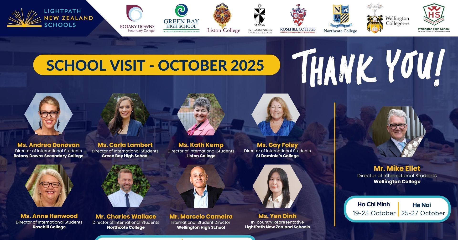 ✨ TRÂN TRỌNG CẢM ƠN QUÝ ĐỐI TÁC ĐÃ THAM DỰ AGENT GATHERING NEW ZEALAND 2025 ✨
LightPath New Zealand Schools xin gửi lời cảm ơn chân thành đến các Quý Công ty/Đơn vị tư vấn du học đã dành thời gian quý báu tham dự Agent Gathering Tháng 10/2025 và kết nối cùng các Thầy Cô Giám đốc Quốc tế từ các Trường Trung học New Zealand.
Botany Downs Secondary College
Green Bay High School
Liston College
St Dominic's Catholic College
Rosehill College
Northcote College
Wellington College NZ
Wellington High School
Sự hiện diện của Quý Đối tác không chỉ tạo nên bầu không khí gắn kết và chân thành, mà còn góp phần làm nên một buổi gặp gỡ đầy ý nghĩa, nơi chúng ta cùng chia sẻ góc nhìn, câu chuyện và những giá trị chung trong hành trình đồng hành cùng học sinh Việt Nam tiếp cận nền giáo dục nhân văn và tiên tiến của New Zealand.
🎉LightPath New Zealand Schools hy vọng những cơ hội hợp tác tốt đẹp và sự đồng hành này sẽ tiếp tục được phát triển trong thời gian tới.
---
Nhận học bổng du học từ 15 - 25% học phí cho bậc trung học với #LPNZS ngay hôm nay.
☎️ +84 90 355 8410
📧 dinh.yen@sannams4.com
👉 Đăng ký lịch tư vấn 1-1 tại: https://bit.ly/meetingLPNZS
📌 Tìm hiểu thêm tại Website: https://www.trunghocnewzealand.com/
#Duhoc #NewZealand #TrunghocNewZealand #LightPathNZSchools #LPNZS #Hocbongtrunghoc