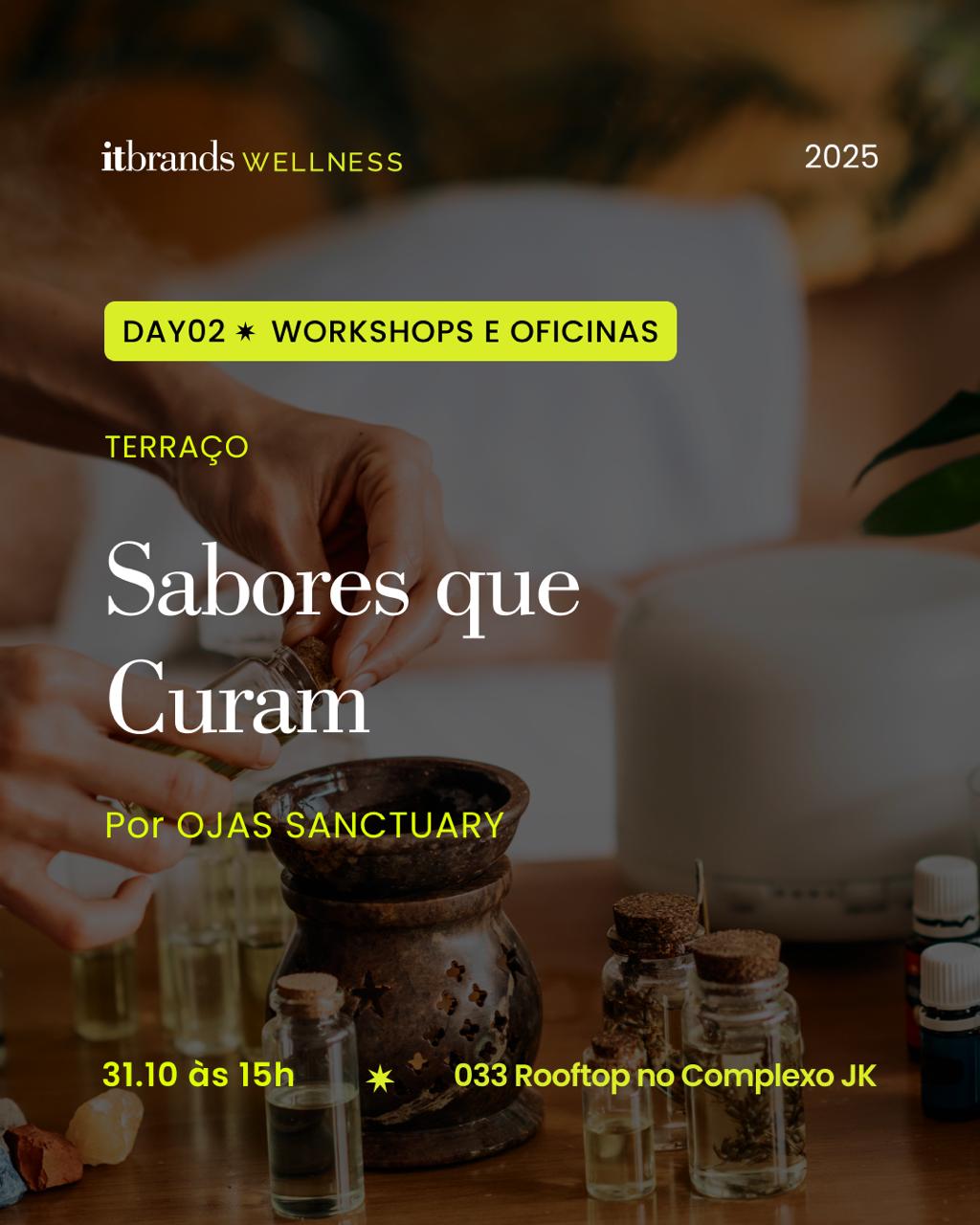 ✨ It Brands Wellness | 30/10 a 01/11 – São Paulo ✨
É uma alegria imensa participar desse encontro que celebra o bem-estar em sua forma mais ampla — com experiências, vivências e conversas que tocam corpo, mente e alma.
No dia 31/10 às 15h, convido você para a oficina:
Sabores que Curam: Oficina de Especiarias Ayurvédicas,
comigo, Luciana Ferraz, e Renata Serena @reset.vc
.
Entre aromas, cores e sentidos, vamos explorar a sabedoria ancestral das especiarias e sua capacidade de nutrir corpo, mente e emoções.
Você conhecerá os seis sabores do Ayurveda e entenderá como eles impactam nossa digestão, bem-estar e transições hormonais. Ao final, cada participante criará um kit personalizado de especiarias para apoiar sua energia e trazer mais harmonia ao dia a dia.
Espero vocês!
✨ Evento gratuito ✨
Inscreva-se pelo WhatsApp: +55 11 96923-4699
ou envie um e-mail para: contato@itbrandsbr.com
Saiba mais: www.itbrandsbr.com