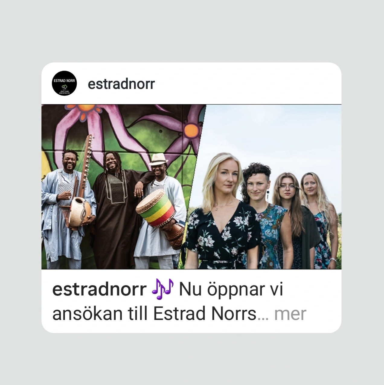 Delat inlÀgg frÄn @estradnorr :
-------------
" đ¶ Nu öppnar vi ansökan till Estrad Norrs Frilansresidens folk- och vĂ€rldsmusik!
Vill du och din grupp fĂ„ chansen att utveckla ett nytt konsertprogram i JĂ€mtland â och turnera i Norrland? Vi söker grupper för vĂ„r 2027, höst 2027 och vĂ„r 2028.
đ Residenset innebĂ€r:
⚠TvÄ veckors betald repetitionstid i JÀmtland
⚠TvÄ veckors betald turné i JÀmtland HÀrjedalen + ett NorrlandslÀn
⚠TillgÄng till lokaler och boende
Ansökningsperiod: 30 septemberâ15 november
đ© AnsökningsformulĂ€r och mer info pĂ„ estradnorr.se (lĂ€nk i bio @estradnorr )
Besked lÀmnas senast 15 februari 2026.
đžBild: Nordic Griots - Estrad Norrs frilansresidens hösten 2024 och Kongero - Estrad Norr frilansresidens vĂ„ren 2023.
"