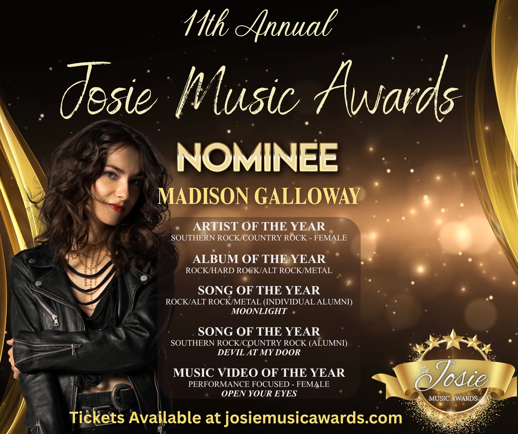 I'm honoured to have been nominated for 5 Josie Music Awards this year! 🤩
⭐️ Artist of the Year – Southern Rock/Country Rock - Female
⭐️ Album of the Year – Rock/Hard Rock/Alt Rock/Metal
⭐️ Song of the Year – Rock/Alt Rock/Metal (Individual Alumni) - "Moonlight"
⭐️ Song of the Year - Southern Rock/Country Rock (Alumni) - "Devil at My Door"
⭐️ Music Video of the Year - Performance Focused - Female - "Open Your Eyes"
A big shoutout to my co-writers Jason Hamor, Selby Copeland, my mama Wendy Galloway, Ross Hayes Citrullo, & Stacey Shopsowitz! 😁❤️
We're heading down to Nashville on Friday for the awards show this Sunday and I'll be playing at Debi Champion's Songwriter Night at the Commodore Grille on Wed, Nov 5th! I'd love to see ya there! 😍
The Josie Music Awards is the largest music award show in the independent music industry, which brings in thousands from around the globe yearly to celebrate as a privately owned, licensed company without attaching the event to other events in the music industry. The Josie Music Awards is the ultimate recognition for talents in the independent music industry and remains laser focused on the music aspect of the entertainment world since its inception in 2015.
#TheJosieMusicAwards #Nashville #Tennessee #musicawards #nominee #ArtistoftheYear #AlbumoftheYear #SongoftheYear #MusicVideooftheYear #MadisonGalloway #Moonlight #DevilatMyDoor #OpenYourEyes #PurpleBeeRecords