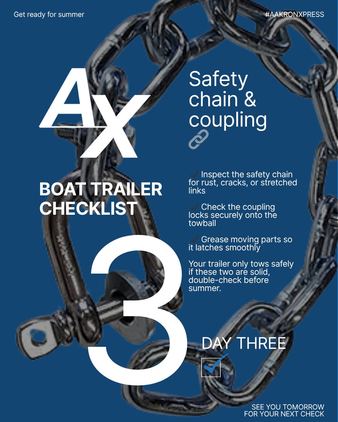 🔗 Day 3: Safety Chain & Coupling Check!
Your trailer’s safety chain and coupling are the unsung heroes of a safe tow. Make sure they’re ready before you hit the road!
✅ Inspect the coupling for wear or damage
✅ Ensure the safety chain is properly attached and in good condition
✅ Check for rust, cracks, or bent links
A secure connection today means peace of mind tomorrow — no surprises at the boat ramp! ⚓🚤
#BoatTrailerTips #TrailerSafety #SummerReady #BoatLifeNZ #SafetyFirst #NZBoating #TrailerCheck