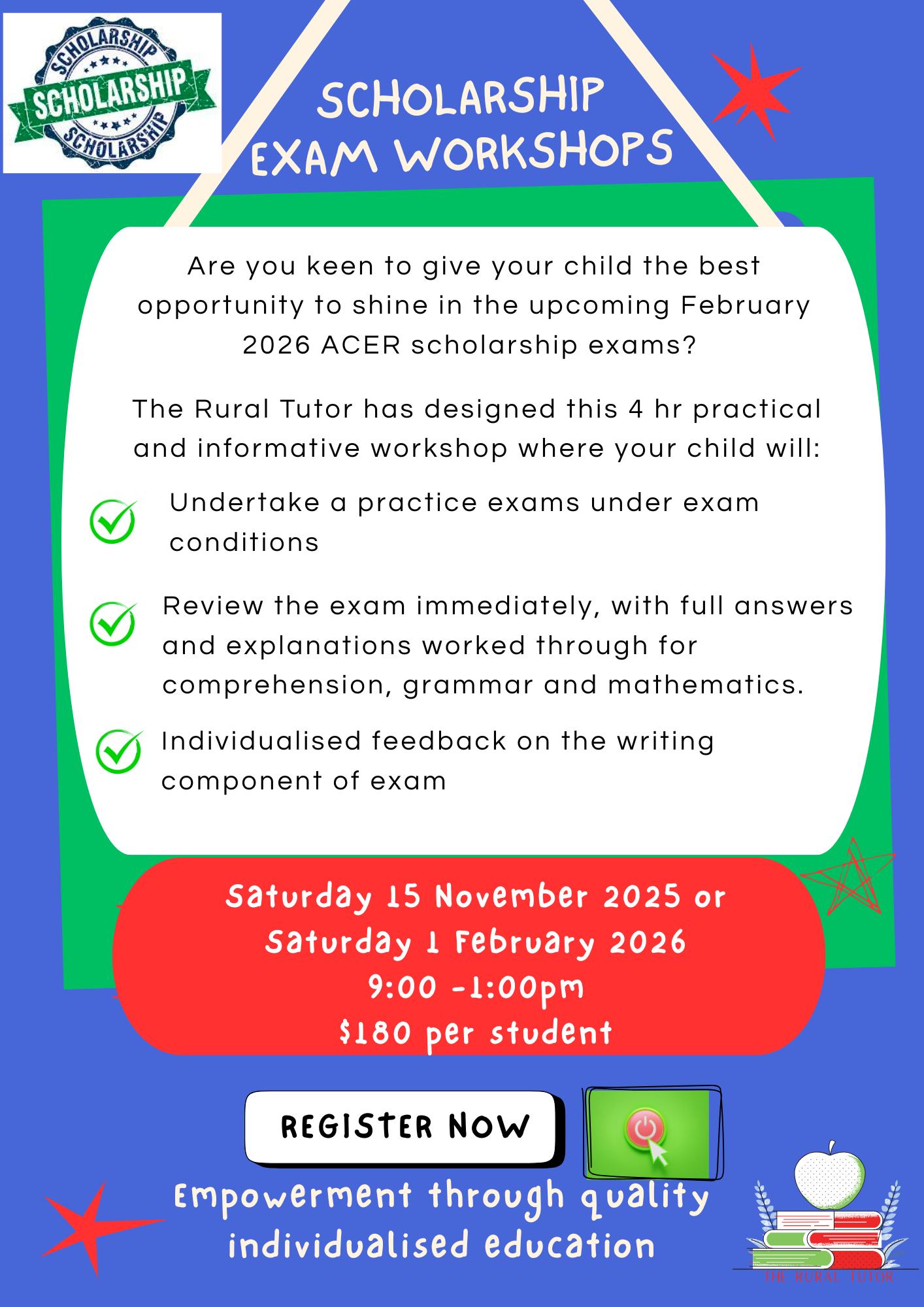 It's scholarship exam time!!!!
The Rural Tutor offers a highly successful scholarship exam preparation workshop.
We are offering two different times to best suit your holiday needs.
DM me if you have any questions!