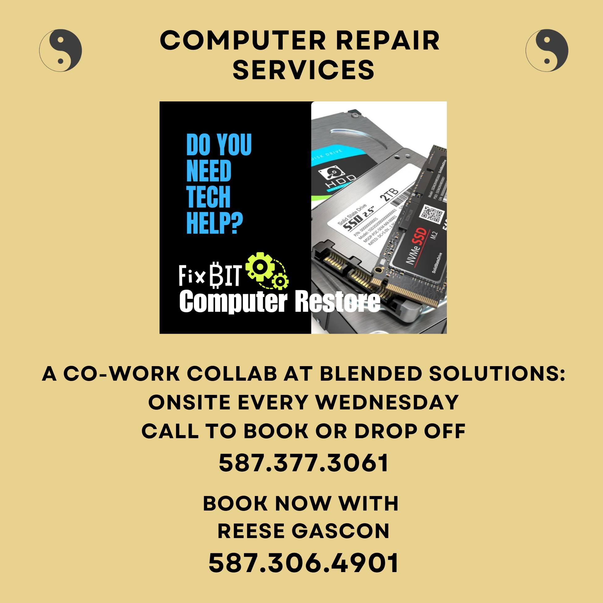 ONSITE Wednesday Every Week! Appointments available, walk-ins welcome. Call now to book! The store: 587-377-3061; Reese Gascon 587-306-4901.
#sundrecomputerrepair #coworkcollabsundre #coworksundre #bookstoresundre #blendedsolutionssundre