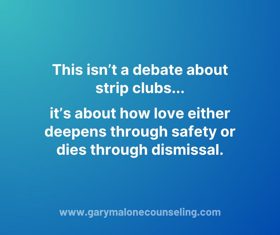 This isn’t a post about judging what’s right or wrong in anyone’s marriage.
It’s about understanding why something that feels harmless to one partner can feel threatening to another and how that difference is almost always rooted in attachment needs, not insecurity or control.
I had a session recently where a husband genuinely couldn’t understand why his wife didn’t want him going to strip clubs.
To him, it wasn’t personal.
To her, it was.
That disconnect is where many couples get stuck, not because of jealousy or control, but because of what emotional safety means in a relationship.
Every relationship operates on an invisible emotional contract that sounds like:
“Can I count on you to protect what we’re building together?”
When one partner feels emotionally unsafe - like their needs for trust or respect are minimized - it shakes the foundation their nervous system rests on. Attachment science tells us that security is about consistency and emotional availability.
So when someone says, “I’d rather you not go there,” they’re not trying to manage your fun, they’re naming a boundary that helps them feel safe.
Respect in relationships is often tested at the intersection of freedom and impact.
Sure, you can go anywhere you want. But in a secure partnership, the question becomes:
“If I know something makes my partner feel unsafe, why is it so important that I still do it?”
Sometimes, people mistake independence for emotional maturity. But true maturity is being able to hold both: your individuality and your partner’s vulnerability.
(Disclaimer: I realize it’s also true that not all couples share this sensitivity. Some genuinely don’t feel threatened by it and that can work for them.)
It’s less about what’s right or wrong and more about what’s reassuring or destabilizing for your unique relationship.
At its core, this isn’t a debate about strip clubs. It’s a conversation about emotional protection. It’s about whether we see our partner’s need for safety as an inconvenience or as an invitation to love them better.
Because meaningful relationships aren’t built on shared interests; they’re built on shared security.