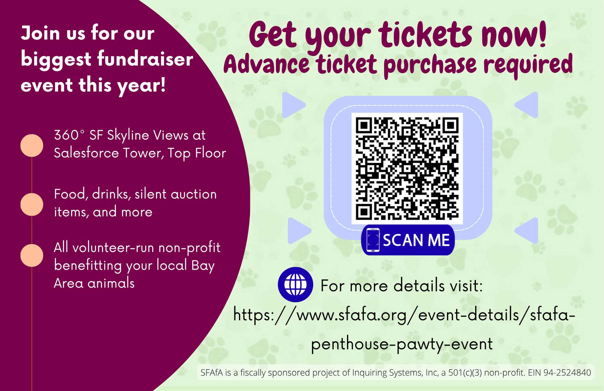 ⏰ Time’s almost up! 🐾
It’s the FINAL DAYS to snag your ticket to the Penthouse Pawty 🎉 Don’t miss out on the night everyone will be talking about — all for a cause that matters. 💛
🎟️ Get your ticket now → https://www.eventbrite.com/e/san-francisco-aid-for-animals-2nd-annual-penthouse-pawty-tickets-1544250818769?aff=oddtdtcreator or scan our QR code above