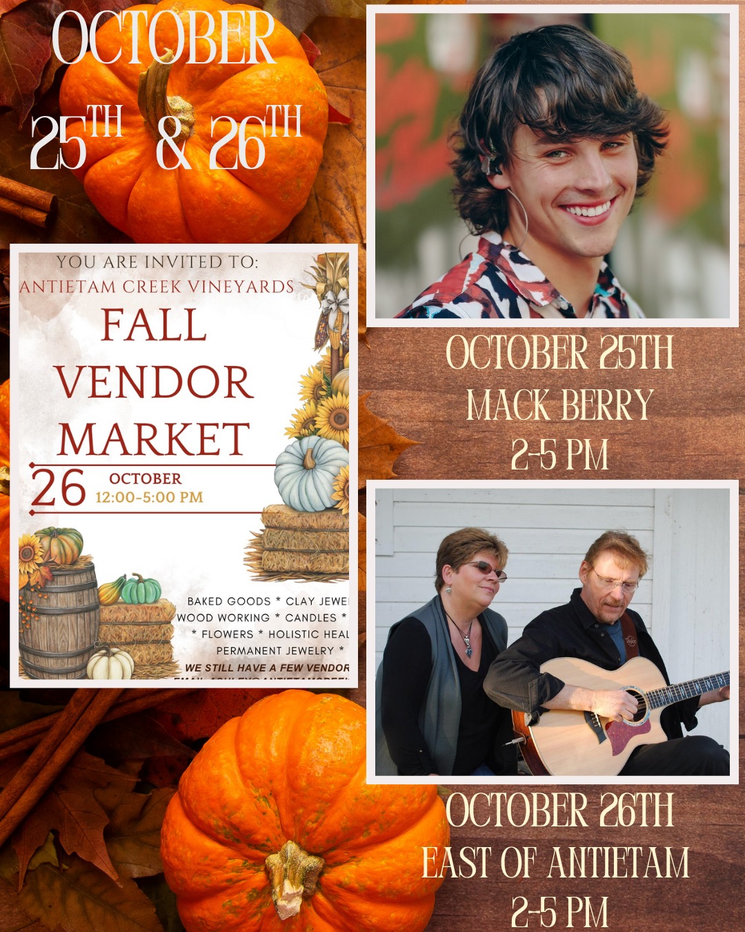 Happy Fall Ya'll!
We have a great Fall weekend lined up starting today with music from Mack Berry from 2-5pm.
Tomorrow (Sunday) we will have our Fall Vendor Market from 12-5pm and music from East of Antietam from 2-5pm. We will have several food vendors and Captain's Creations will be serving up their fall menu!
We will have both warm and chilled cocktails available for purchase all weekend long.
*Not into alcohol? Ask us about our mocktail of the day.*
Come enjoy great wine, music, and company around one of our fire pits!
#wineryweekend #WineryVibes #winerymusic #endofseason #winerylove #musicatthewinery #fallhours #fallfun #spookyseason #family #vendormarket #VendorMarketVibes #fall #fallvibes #fallseason #wineoclock #winelovers #harvestseason2025 #wineryfun #antietamnationalbattlefield #antietambattlefield #FoodTruckFun #livemusicrocks #LiveMusicLovers #LiveMusicVibes #winerylife @followers