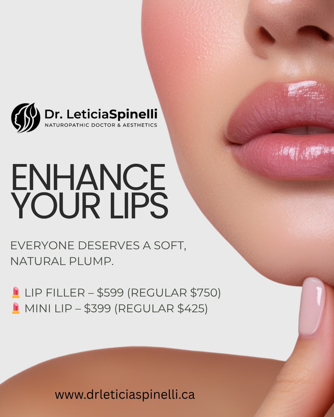 💋 Enhance Your Lips — Subtly, Beautifully
Everyone deserves a soft, natural plump.
💄 Lip Filler – $599 (Regular $750)
💄 Mini Lip – $399 (Regular $425)
Enhance your natural shape and add volume — always with soft, balanced, and elegant results.
📍 Promo available wherever Dr. Leticia Spinelli provide treatments!
📅 Book your appointment today and discover the art of natural enhancement.
#DrLeticiaSpinelli #LipFiller #MiniLip #NaturalResults #AestheticCare #SoftAndBalanced #ConfidenceInYourSkin #ExclusiveOffer #EnhanceYourLips