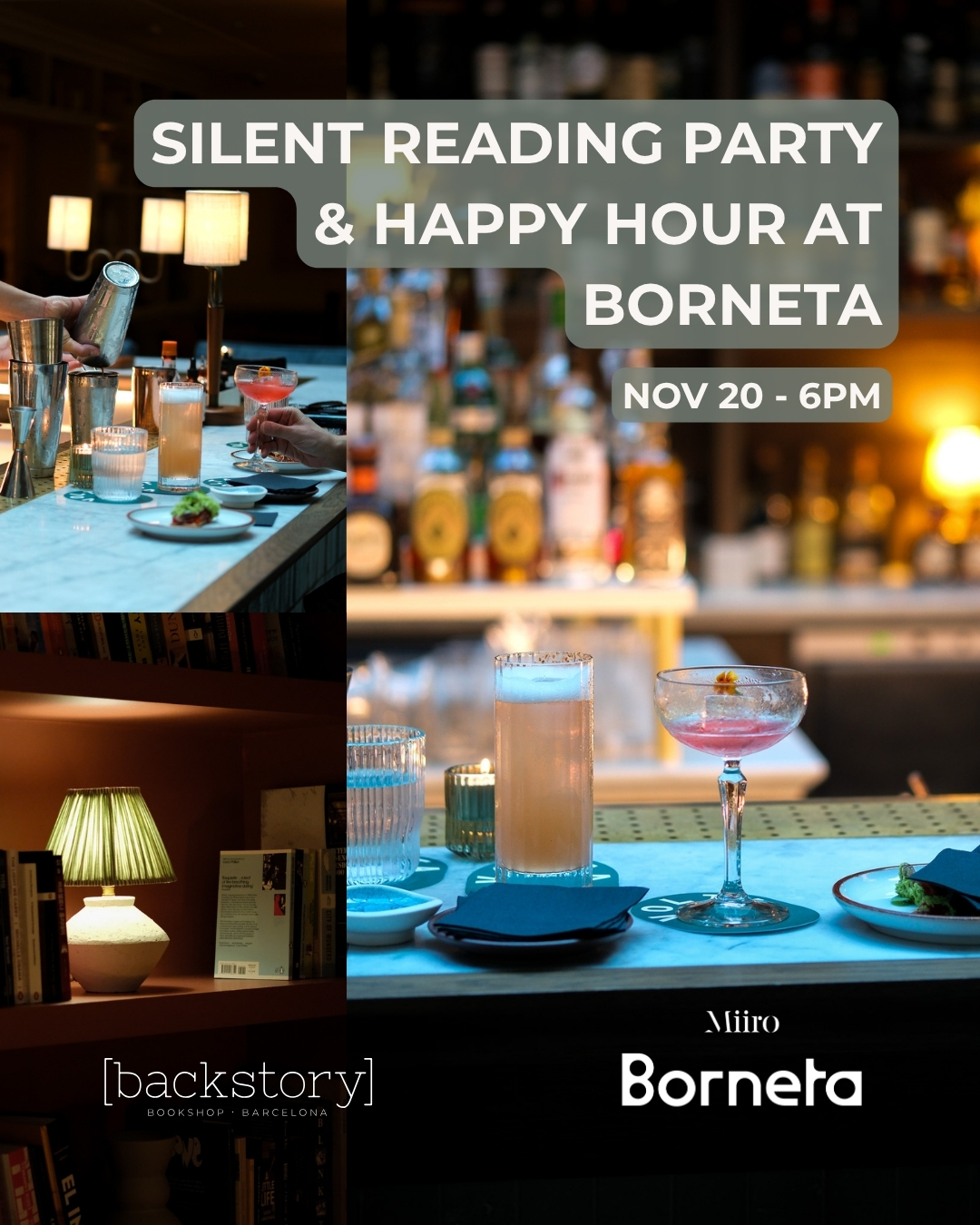 📖✨ A new kind of evening in El Born
Just a few steps from our new shop — which opened its doors only a month ago — we found Hotel Borneta: a place that, like us, celebrates calm spaces, creativity, and connection. So we decided to team up!
On Thursday, November 20, we’ll host our very first Silent Reading Party × Borneta — and our first event in El Born!
An evening of quiet reading, a complimentary glass of cava, and a relaxed Happy Hour to end the night together (non-alcoholic cocktails available too)!
🩵 During the week prior to the event, show your RSVP at our Born location and get 15% off a book!
Offering a space for slowing down and reading together, building community through books and conversation📚
RSVP via the link in bio — spots are limited!
#BackstoryxBorneta #BackstoryBookshop #HotelBorneta #ElBornBarcelona #SilentReadingParty #readingtogether