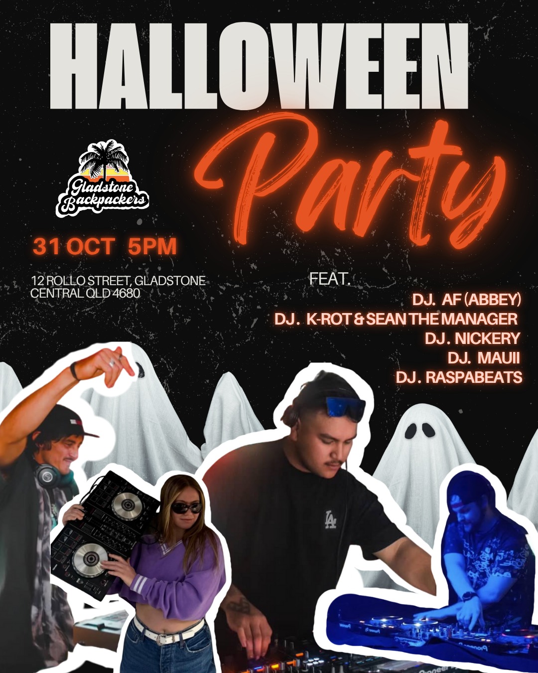 🎃 HALLOWEEN PARTY hosted by DJ K-Rot AT GLADSTONE BACKPACKERS! 👻
🗓 Saturday, October 31st from 5PM till late
Get ready for a night of costumes, chaos, and creepy fun!
🧛♂️ Costume Contest!! Best dressed wins a prize!
🍻 Two Bars and Slushie Machine
🔥 Five DJs bringing the heat:
• Local legend: Nick
• Local legend: DJ MAUI
• Plus American superstar Abbey/DJ AF spinning live!
• DJ K-rot making some beats on the fly
• DJ Raspabeats
🔮 Taro Card Reader on site… dare to find out your fate?
💀 Free entry
Come in your best costume and party till the graveyard shift.
📍 Gladstone Backpackers - 12 Rollo Street, Gladstone Central QLD 4680
🕖 Saturday 31 Oct | 5PM–Late
🧡 Tag your mates & bring your spooky energy
#GladstoneBackpackers #HalloweenParty
