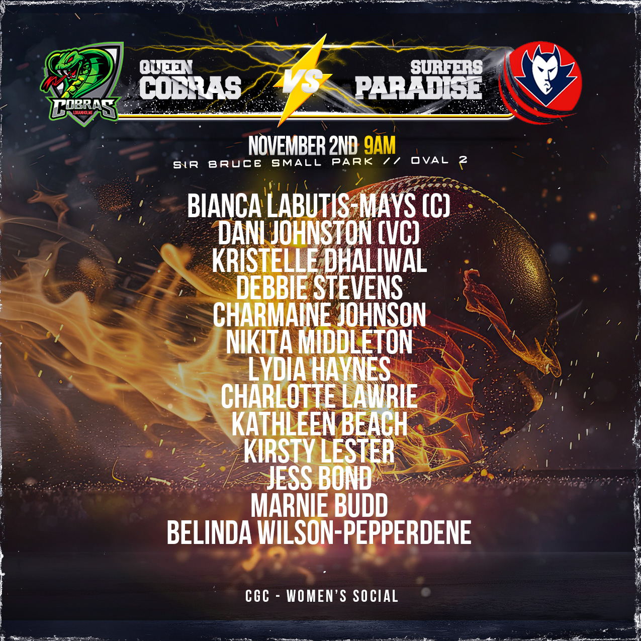 📣📣📣 MASSIVE ANNOUNCEMENT
For the first time since the 90's, the ladies of Loganholme are back on the park and ready to rumble!!!
Our inaugural Queen Cobras will be taking on the Surfers Paradise Demons on Sunday morning - Please go and support the gals in their quest to kick off their campaign with a win!!!
📅 Sunday 2nd November
🕘 9am
📍 Sir Bruce Small Park, Benowa
Go the mighty Cobras 🐍🐍🐍