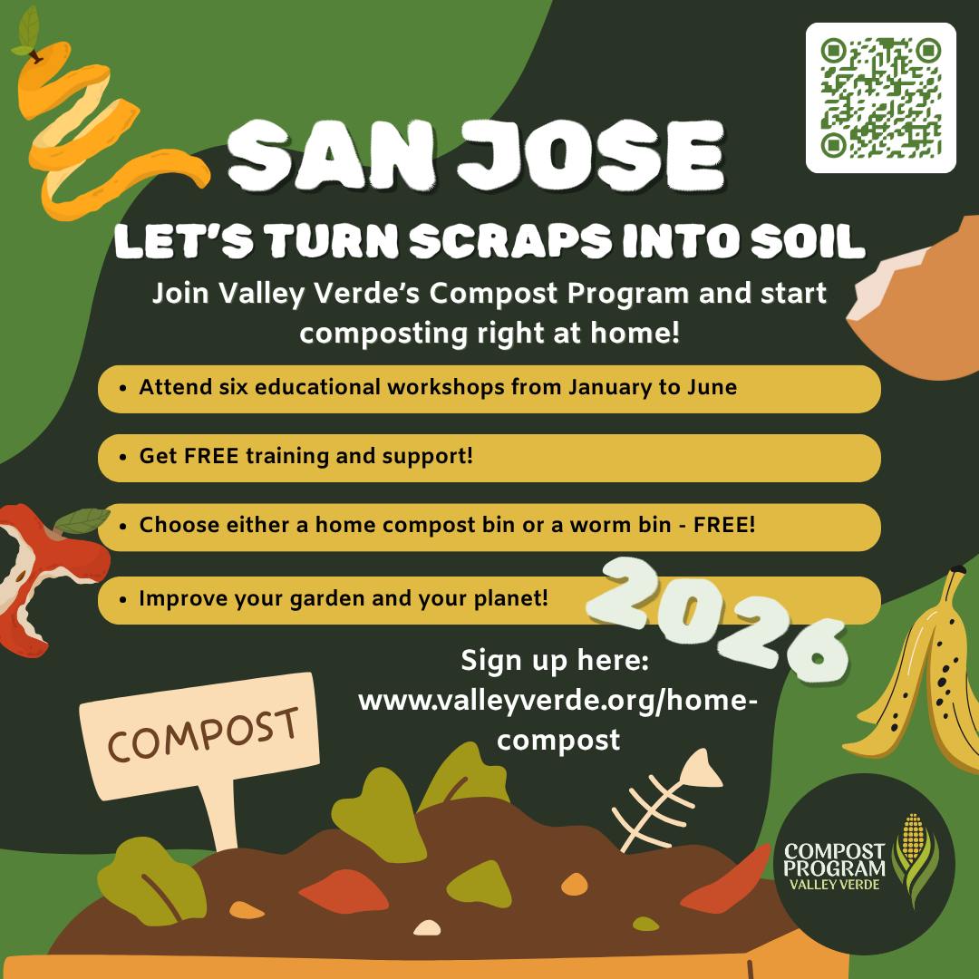 Waste less. Grow more. Learn to Compost today! ♻️
Join Valley Verde's FREE Compost Program and get access to educational resources, hands-on workshops, and a compost bin or worm bin. Workshops begin January 2026.
Sign up here: bit.ly/vvcompostprogram
We also have a compost program - Gilroy cohort! If you're in Gilroy and want to learn more about composting, apply today!
San Jose is working toward a greener future with California's SB 1383, which aims to cut organic waste by 75% and rescue more edible food.
Even though your garbage routine might not change with this law, you can still make a BIG impact by:
✅ reducing food waste
✅ sorting scraps correctly
✅ recycling right
Not sure what goes where? We got you 👉sanjoserecycles.org/guide/
