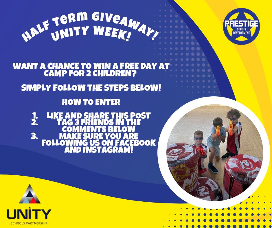 ๐จGIVEAWAY TIME!๐จ
Hereโs your chance to win a free day at camp for 2 children!
A great chance to win a free day at camp full of various sports and crafty activities! ๐ โฝ๏ธ ๐จ
๐จReminder - These camps are in place as part of the Unity week! Only enter if your child attends a school that is part of the Unity Partnership and is still off school for a second week!
The winner will be revealed on Sunday 2nd November at 5pm!
Want to get involved and try your luck?๐๐
Simply follow the steps shown below!โฌ๏ธ
