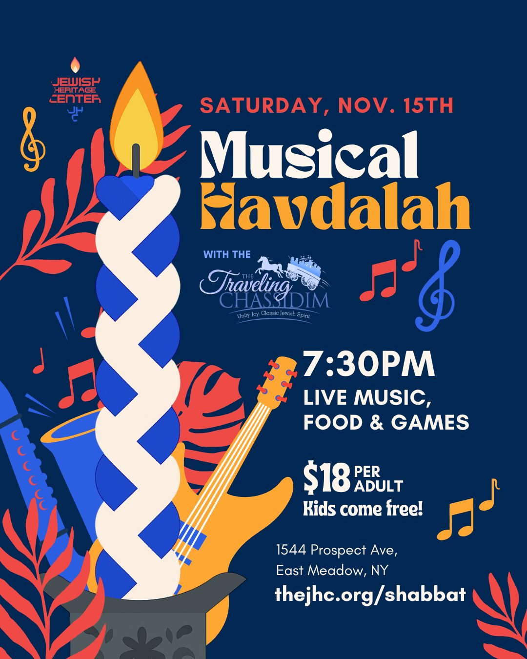 🎶 Musical Havdalah is back!
Don’t miss this once-a-year event. Enjoy a family-friendly evening filled with live music, games, and delicious food! ✨
Kids attend for free, so bring the whole family and join the fun!
👉 Sign up here: thejhc.org/shabbat