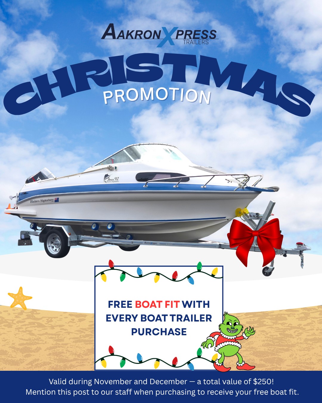 🎄 Christmas Deal Alert! 🎄
This Nov–Dec, when you buy a boat trailer, we’ll gift you a FREE boat fit valued at $250! 🚤✨
Get your trailer ready for summer adventures and make this festive season even more special. Don’t miss out – offer only while stocks last!
📍 Based in Auckland | Premium quality trailers | Local components, trusted expertise
Auckland deal only.
#BoatTrailer #ChristmasDeal #AucklandBoating #SummerReady #FreeGift #BoatingLife
