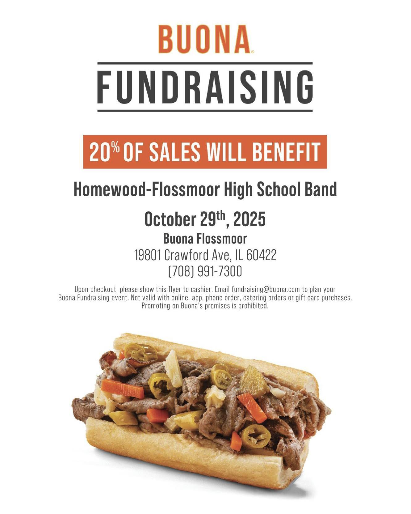 Head to Buona in Flossmoor (by Meijer) for lunch or dinner on Wednesday and support @hfvikingbands!
The fundraiser runs all day and the Band program receives 20% of all in-person sales, all day. Just be sure to show the flyer to ensure the band gets credit for your purchase!
Thanks to everyone for your support of our incredible student musicians 🎶
#HFVikingBands #WeAreHF