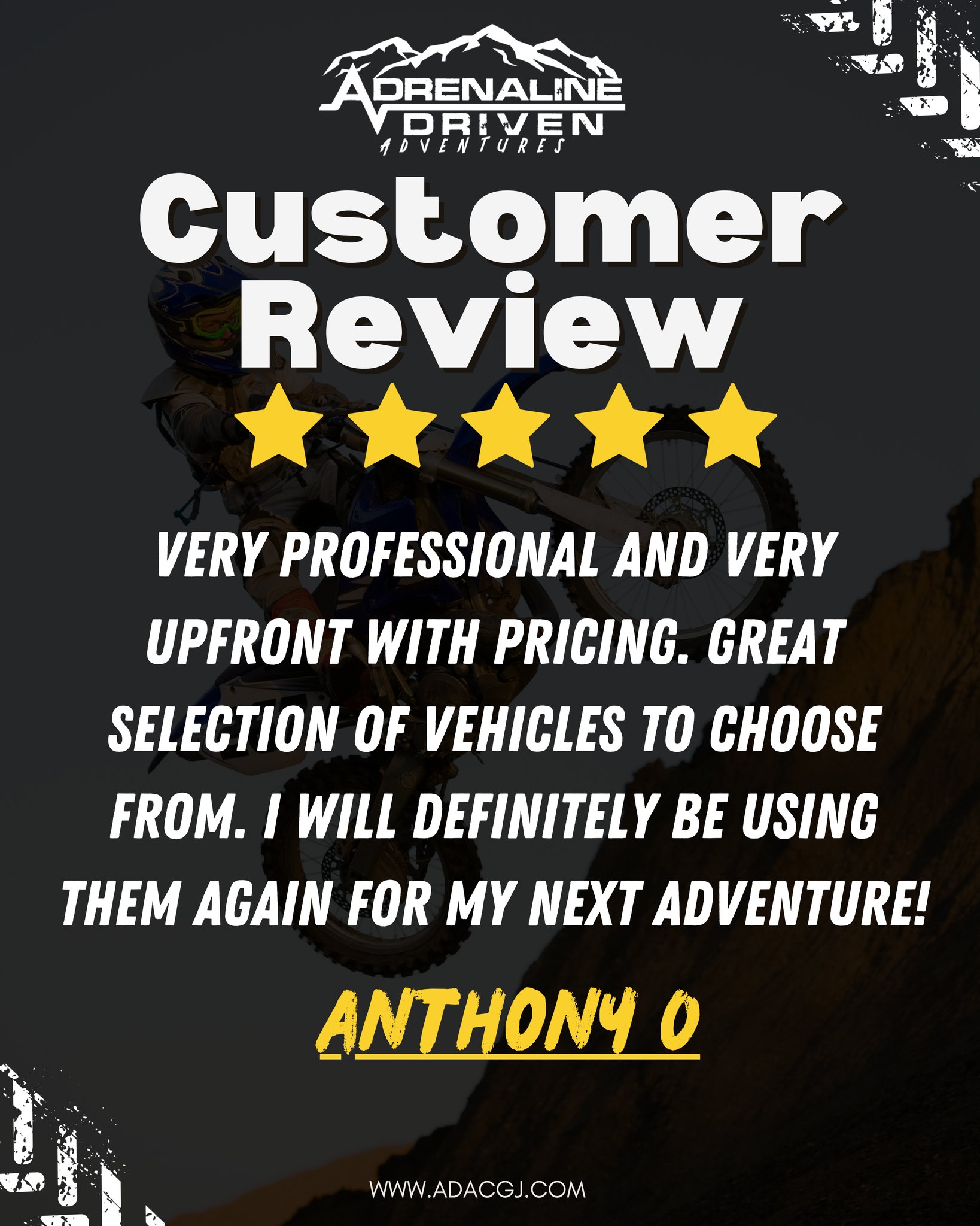 Thank you for the 5-star review, Anthony O! 🌟
We’re thrilled you had an amazing experience with Adrenaline Driven Adventure Company! Your support keeps us motivated to deliver unforgettable adventures every single ride. 🙌🏜️