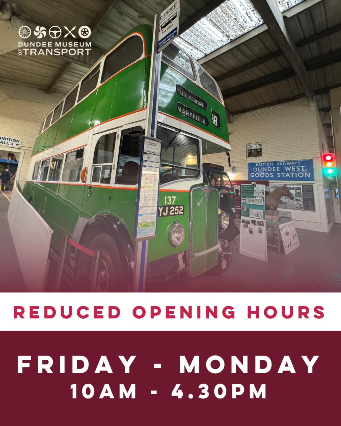 From now until February, Dundee Museum of Transport will be open Friday to Monday only from 10am–4.30pm.
We look forward to welcoming you during the winter season as we continue to share Dundee’s transport heritage with visitors from near and far.
📍 Dundee Museum of Transport, Market Mews
🗓️ Friday – Monday
🕙 10am – 4.30pm