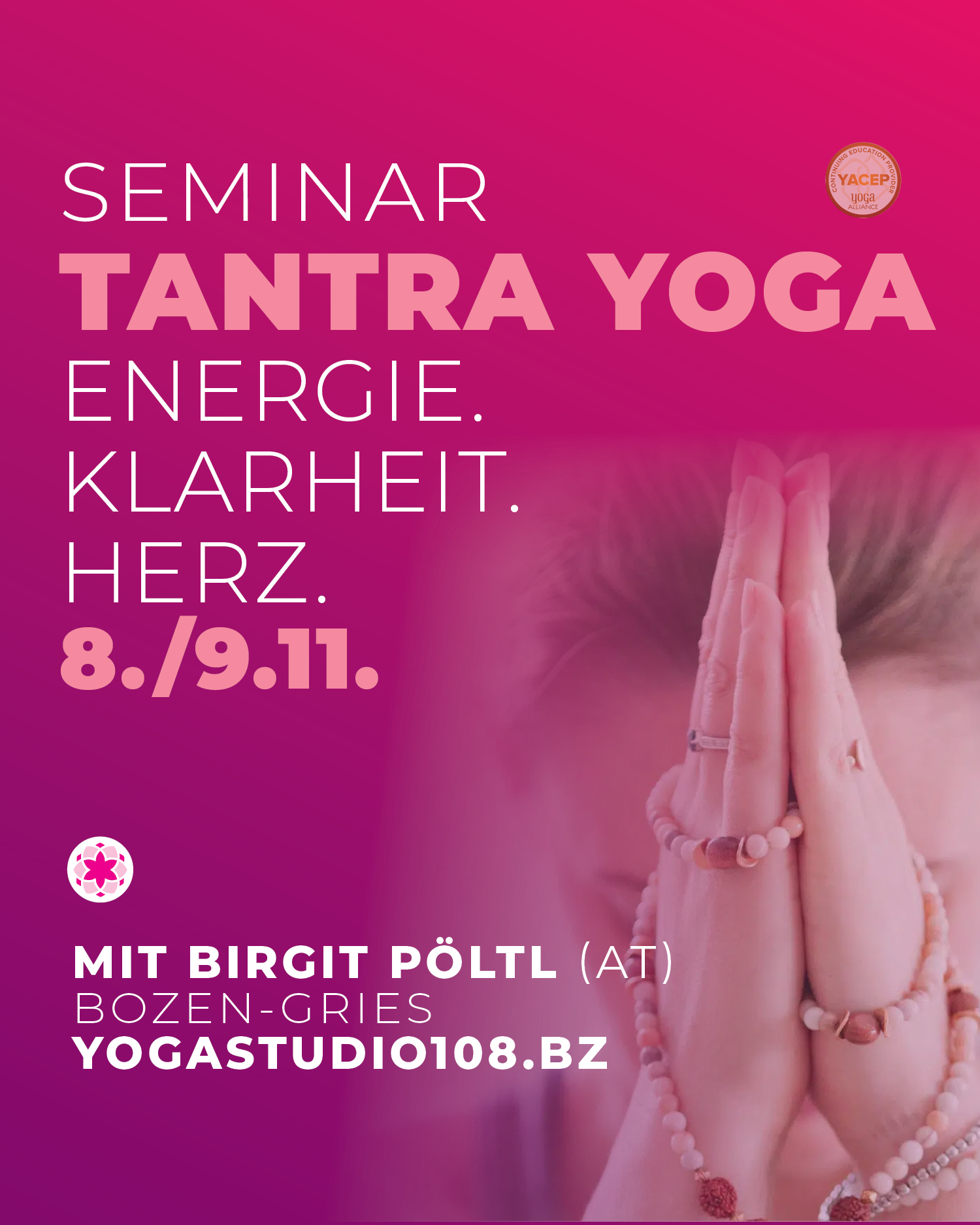 TANTRA YOGA -Energie. Klarheit. Herz.
8./9.11. - Seminar für Interessierte & Yogalehrer/innen
Philosophie & Praxis zum Mitnehmen
Hier bekommst du in zwei intensiven Tagen einen klaren, effektiven Einstieg ins klassische Tantra – jenseits von Klischees. Wir arbeiten mit feinstofflichen Praktiken wie Atem- und Visualisierungstechniken, Dharanas (Fokusübungen), Mantra-Praxis sowie achtsamem Embodiment. Du lernst die Landkarte von Chakras, Nadis & Kundalinī kennen, spürst, wo deine Energie versickert – und wie du sie schützt, stärkst und gezielt für dein Leben nutzt.
Eine lebensbejahende Philosophie plus praxistaugliche Sādhanā, die du sofort zu Hause weiterführen kannst.
Einfach online anmelden
www.yogastudio108.bz