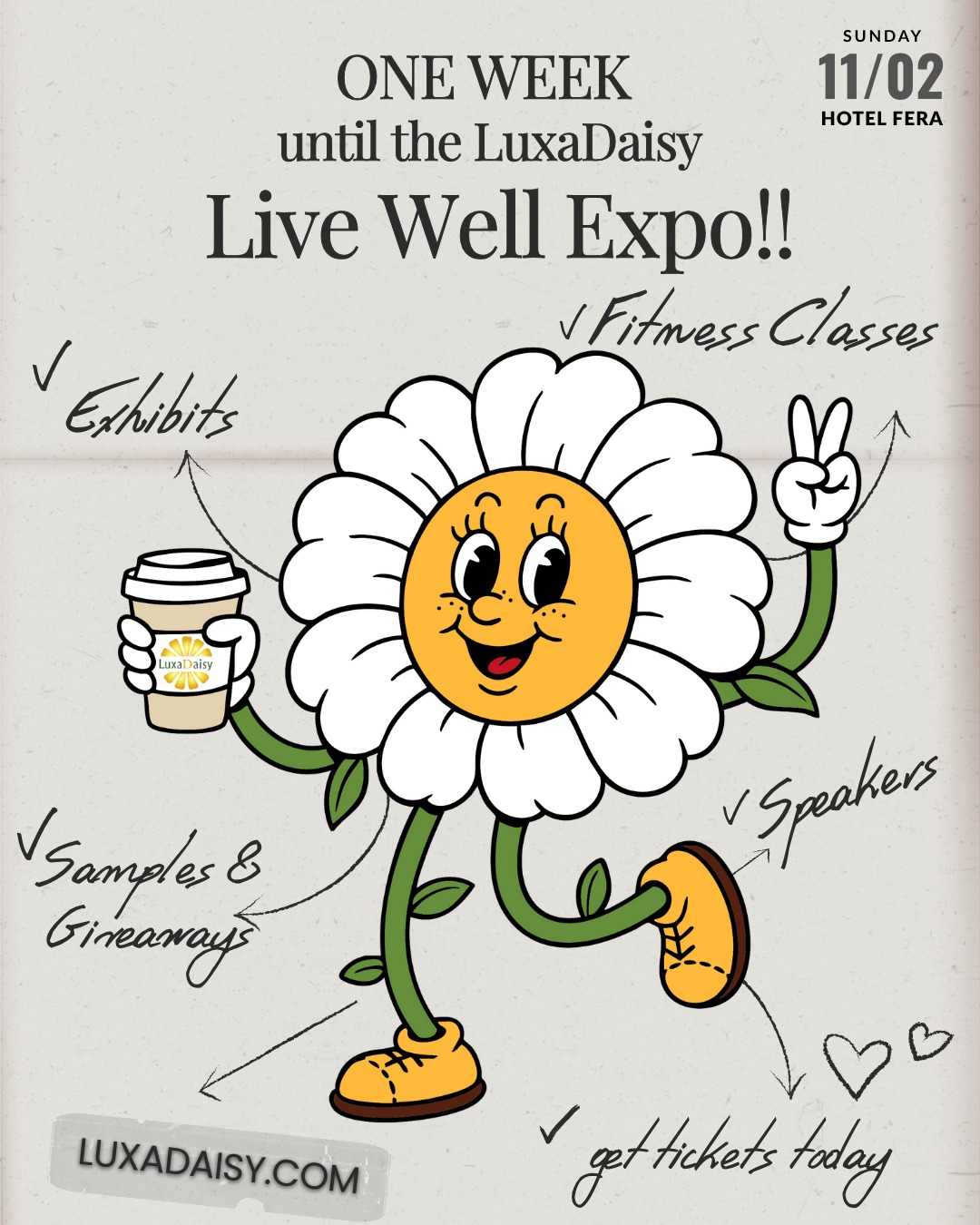OC friends, treat yourself to a day of wellness and connection. 🌿
We’re 1 week out from the LuxaDaisy Live Well Expo!
Come early for tote bags, stay for classes and good vibes.
Tickets in bio. Tag who you’re coming with! 🫶
#LiveWellExpo #LuxaDaisy #SelfCareSunday #OCEvents