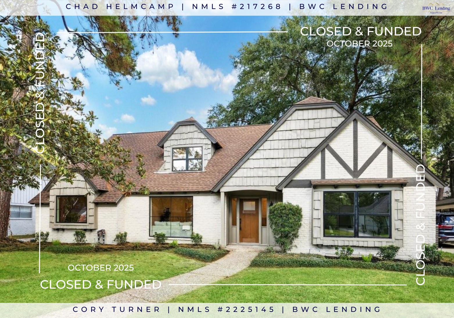 🌟CLOSED IN October🌟
Thank you and congratulations to all our AMAZING clients and realtors! We appreciate you all trusting us 🥰 it means the world to us!
We are so grateful and honored to have been able to help 16 families buy a home in October🫶
If you’re ready to buy this month or next, give us a call!!
Chad Helmcamp, NMLS #217268
📱: 832-252-9175
✉️: chad.helmcamp@bwclending.com
Cory Turner, NMLS #2225145
📱: 832-476-0967
✉️: cory.turner@bwclending.com
Equal Housing Opportunity Lender
NMLS #1823206, BWC Lending LLC.
1616 S Voss Rd, STE 650, Houston, TX 77057
#closing #congratsonyourhome #newhome #movingin #fallclosings #houstonhome #txhome #htx #texas #fyp #October2025