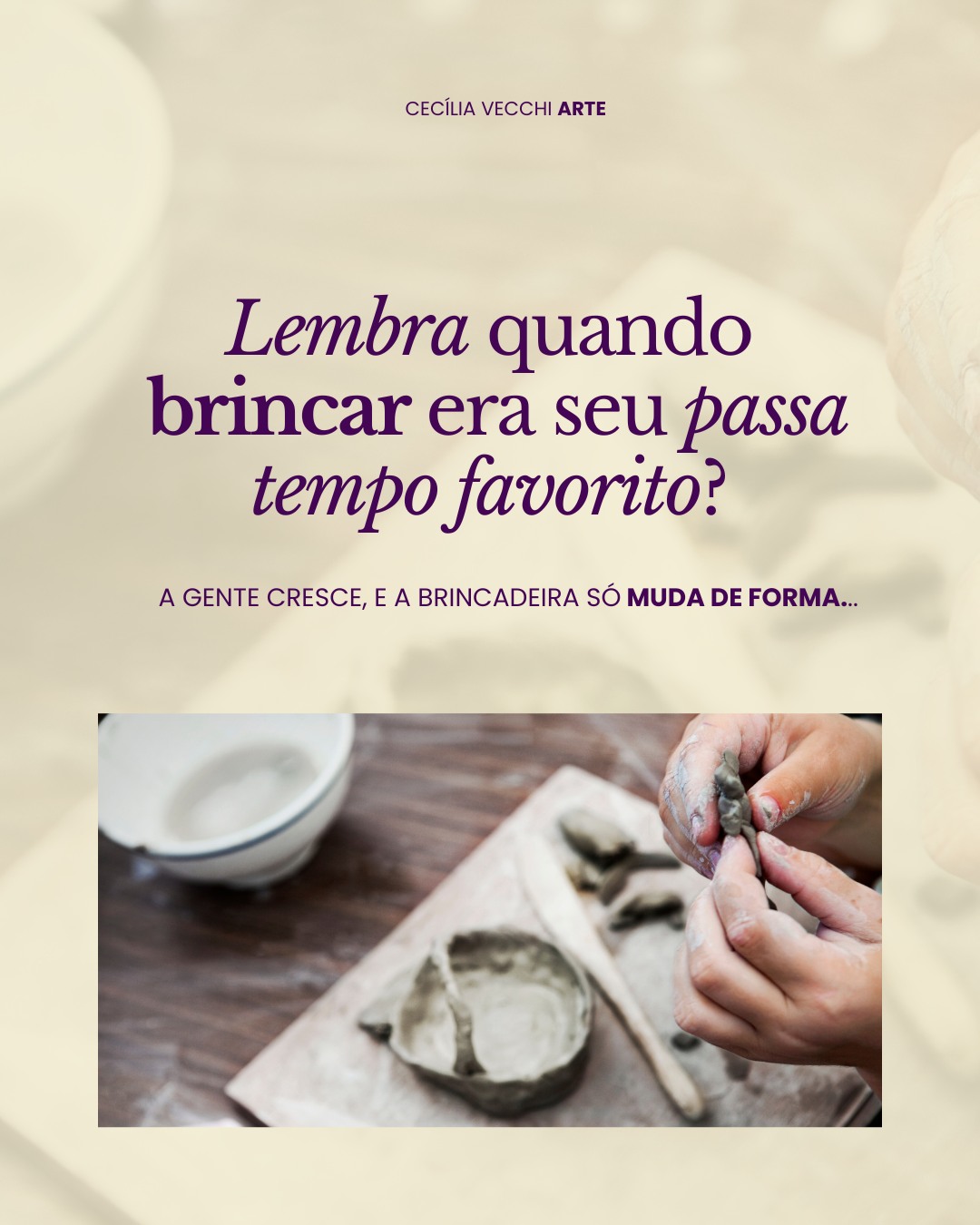Brincar continua sendo essencial —
só muda o material.
✨ Nas Oficinas Criativas de Cerâmica,
você passa um dia criando, rindo e se reconectando com o prazer de fazer algo só por prazer.
📍 As últimas turmas do ano estão abertas — link na bio.