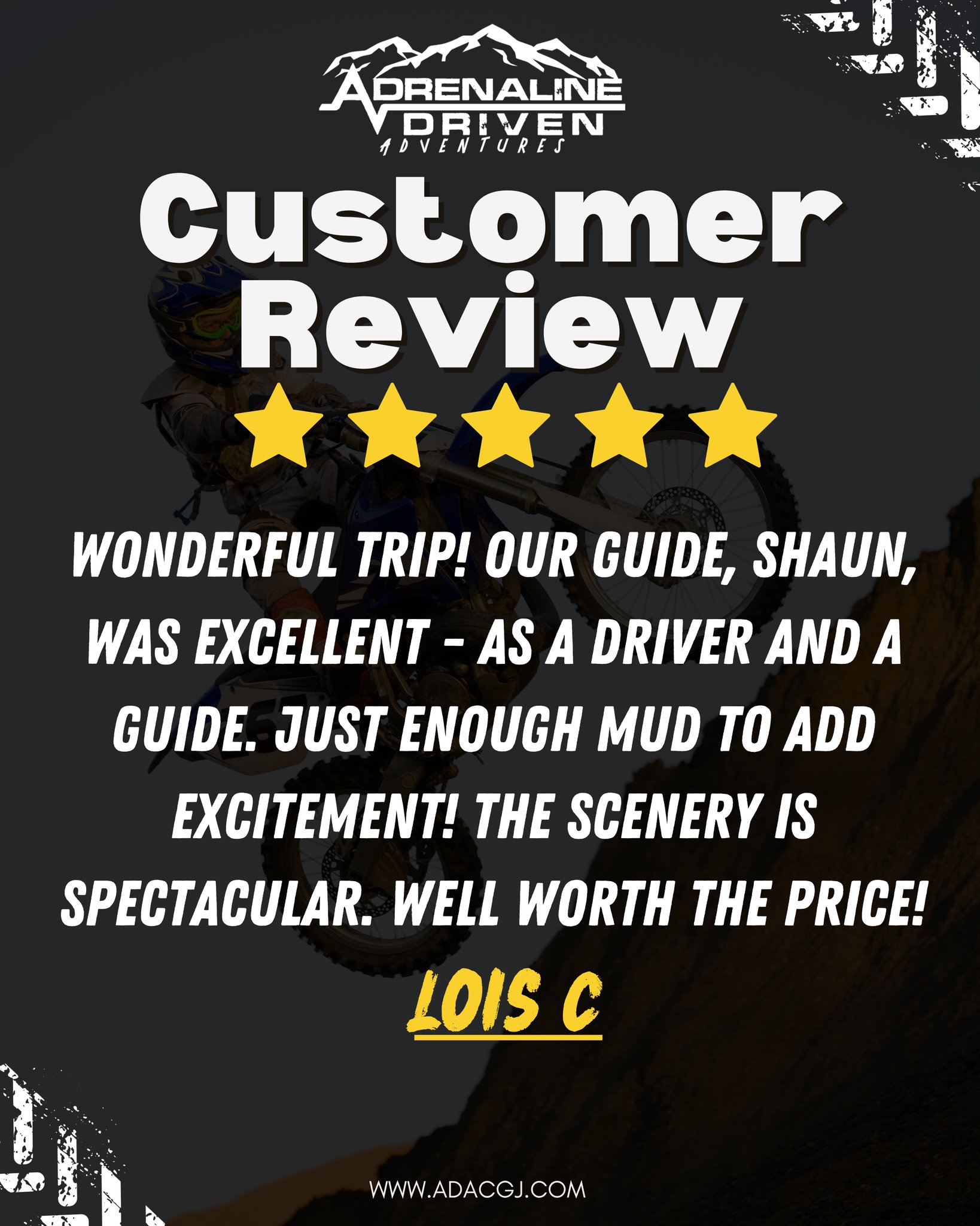 Thank you for the 5-star review, Lois C! 🌟
We’re thrilled you had an amazing experience with Adrenaline Driven Adventure Company! Your support keeps us motivated to deliver unforgettable adventures every single ride.