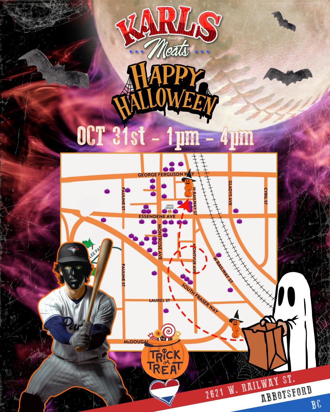🎃👻 Attention folks, — It’s Halloween AND Game Day! 👻🎃
Calling all little goblins, ghouls, and Blue Jays fans! 💙 Karls Meats is on the Abbotsford Treat Trail again this year — so grab your costumes and stop by for some tricks, treats, and smiles! 🍬✨
We’ll be handing out goodies from 1 PM to 4 PM, and cheering on the Toronto Blue Jays as they chase World Series glory later tonight! ⚾🇨🇦
Bring the kids, say hi to the Karl’s crew, and enjoy a little Halloween and hometown baseball spirit — Dutch style! 🇳🇱🎉
Snoep of je leven! 😋
— The Karl’s Meats Team 💪
📍 2621 W. Railway St, Abbotsford, BC
We can’t wait to see all the spooky costumes! 😎
#KarlsMeats #TreatTrail #HalloweenFun #AbbotsfordEvents #BlueJays #GoJaysGo #WorldSeries #SupportLocal #DutchHeritage #LittleGoblinsAndGhouls #KarlsCrew