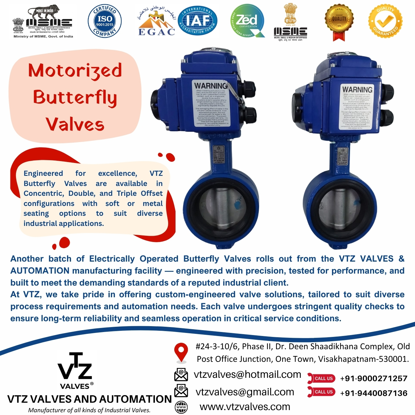 Another batch of Electrically Operated Butterfly Valves rolls out from the VTZ VALVES & AUTOMATION manufacturing facility — a testament to our commitment to precision engineering, consistent quality, and process reliability.
Our Butterfly Valves are available in Concentric, Double, and Triple Offset configurations, with soft or metal seating options to suit diverse industrial applications. Each unit is tested meticulously to ensure flawless operation and long-term service performance under demanding conditions.
For customized Butterfly Valve solutions and automation configurations, connect with us today.
📩 vtzvalves@hotmail.com
| vtzvalves@gmail.com
📞 +91-9000271257 | +91-9440087136
🌐 www.vtzvalves.com
#VTZValves #ButterflyValves #ValveAutomation #ElectricallyOperatedValves #IndustrialValves #ProcessIndustry #EngineeringExcellence #FlowControl #AutomationSolutions #MadeInIndia #manufacturingindia