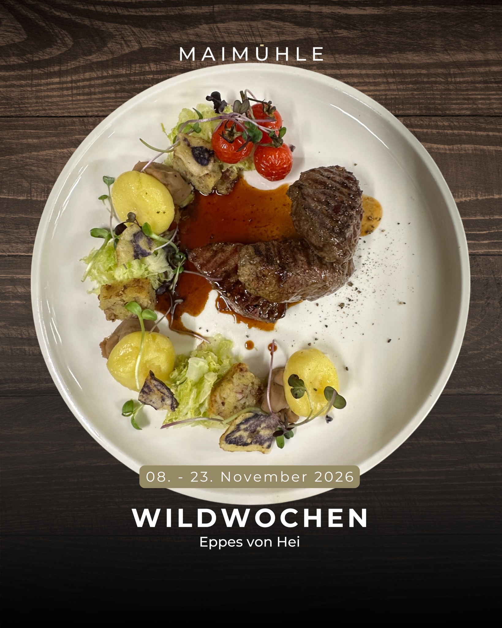 🦌 Wildwochen in der Maimühle | 08.–23. November 2025 🍷
Zart, deftig, regional – es wird wild!
Freu dich auf tägliche Wildempfehlungen aus unserer Küche und ein besonderes Wildmenü mit passender Weinbegleitung.
📅 Highlights:
🍇 08.11. – Rotweinprobe: kräftig, charaktervoll & perfekt zum Wild
🍽️ 22.11. – Mühlenwirt’s Wildmenü: 4 Gänge, begleitet von ausgewählten Weinen
👉 Jetzt Tisch reservieren und den Herbst von seiner besten Seite genießen!
#Wildwochen #Maimühle #WeinundWild #RegionalGenießen #Perl