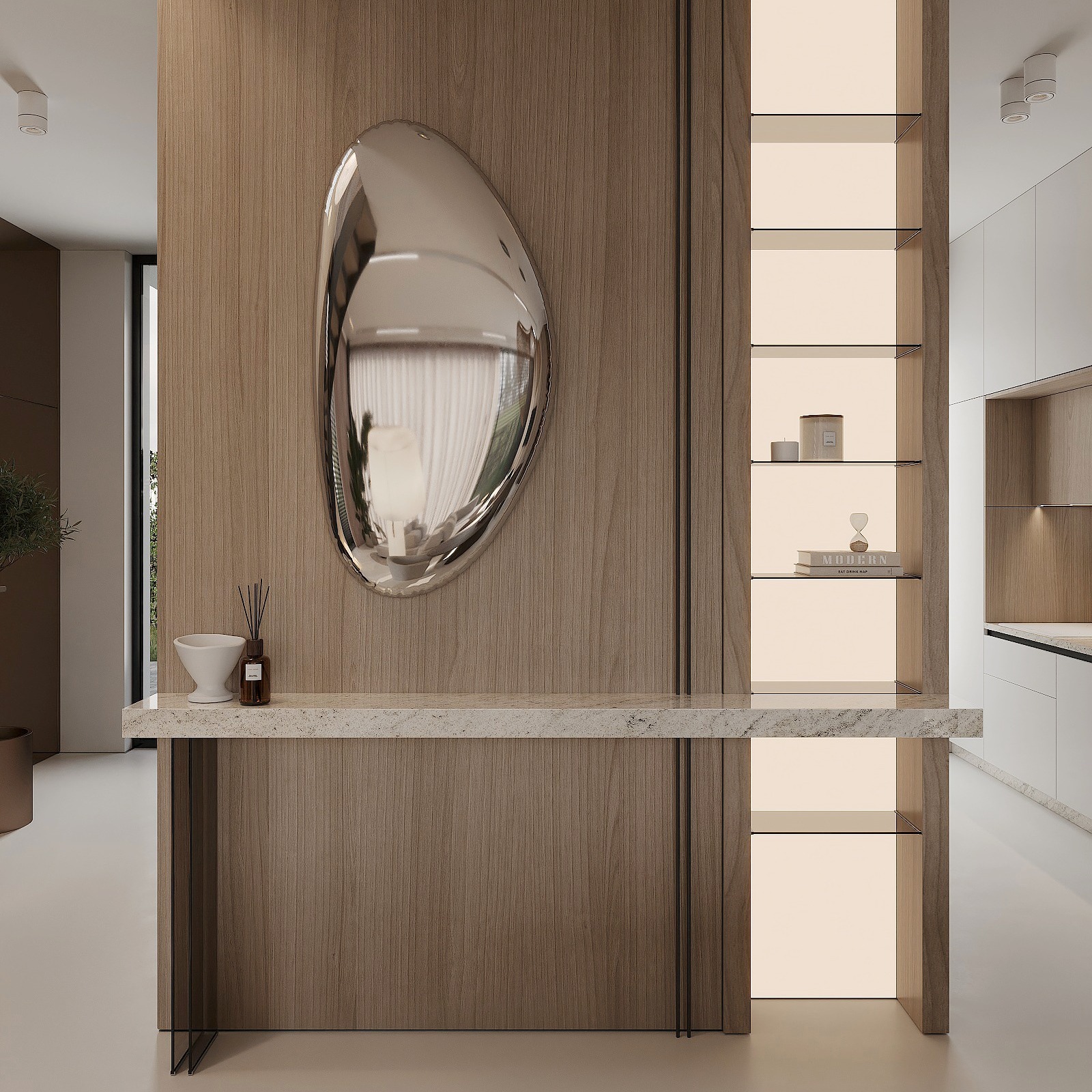 Subtelność i precyzja w najczystszej formie.
Konsola z kamiennym blatem i drewnianym tłem to elegancki akcent wnętrza, w którym funkcjonalność spotyka sztukę.
Organiczne lustro o płynnej formie wprowadza miękkość i refleksy światła, nadając przestrzeni rzeźbiarski charakter.
Podświetlone półki dodają lekkości, a ciepłe tony drewna tworzą atmosferę spokoju i klasy.
To wnętrze, w którym każdy szczegół ma znaczenie - dopracowany, ale nienachalny.
Cichy luksus, który się czuje, a nie widzi. 🤎
#quietluxury #hazelhome #interiordetails #modernentryway #softminimalism #warmneutrals #luxuryinterior