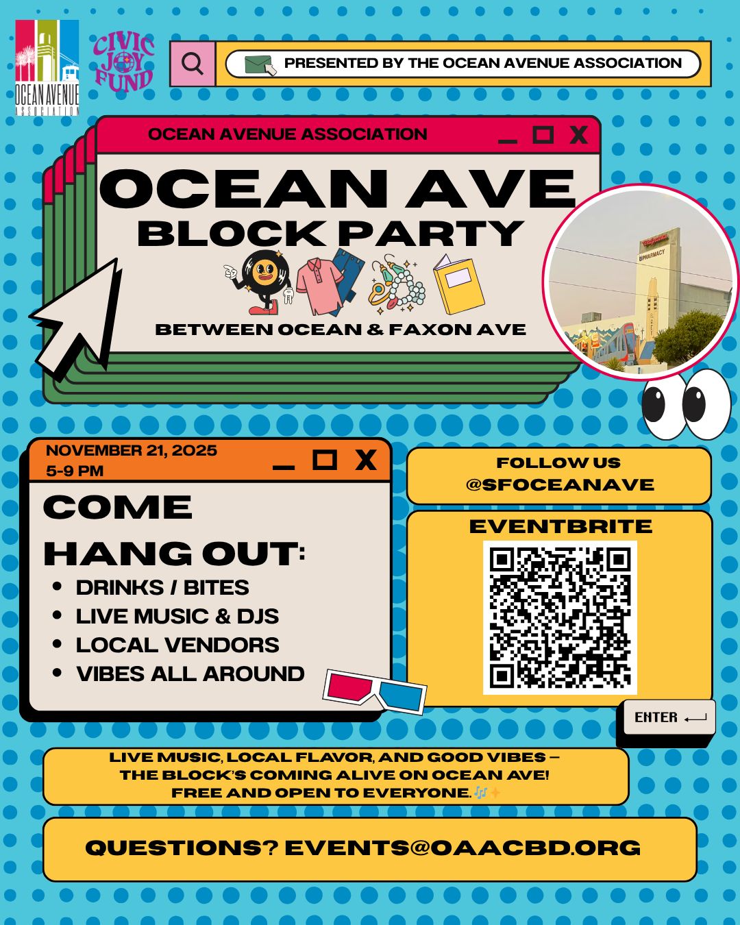 ✨🎉 Big news, Ocean Ave! The Ocean Ave Block Party is happening Friday, November 21, from 5–9 PM at Ocean & Faxon Ave!
Expect a lively evening filled with live music, drinks, food, local vendors, and community fun right in the heart of the neighborhood. This free outdoor celebration brings together neighbors, small businesses, and friends for one unforgettable night!
💫 Ways to Get Involved:
🛍️ Vendors: Apply now to showcase your goods and creative work.
🙌 Volunteers: Sign up to help keep the event running smoothly.
🎟️ Attendees: RSVP through Eventbrite and join the fun!
The block’s coming alive — don’t miss it!
👉 All links for vendors, volunteers, and attendees are available in our bio.
#OceanAveSF #Ingleside #BlockParty #Community #ShopLocalSF #OceanAvenue #CivicJoyFund