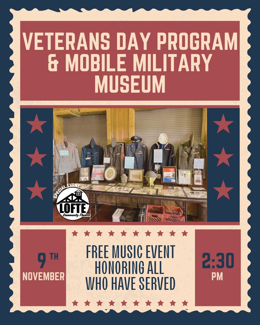Next weekend is our free Veteran's Day Program featuring the Mobile Military Museum! The program will start at 2:30 on November 9th, but come early to check out the museum in our lobby. Come and enjoy music presented by the Southeast Nebraska Community Band; veterans receive complimentary popcorn. Join us in honoring our country's heroes with this free concert event. We hope to see you there!
.
.
.
.
.
#Lofte #TheLofte #BornInABarn #LofteTheater #CommunityTheater #CommunityTheatre #Volunteer #Nebraska #CassCounty #Lincoln #Omaha #WeepingWater #Manley #theatre #theater #live #livetheater #livetheatre #specialevents #veteransday #veteransday2025 #patrioticprogram #freeevent #mobilemilitarymuseum