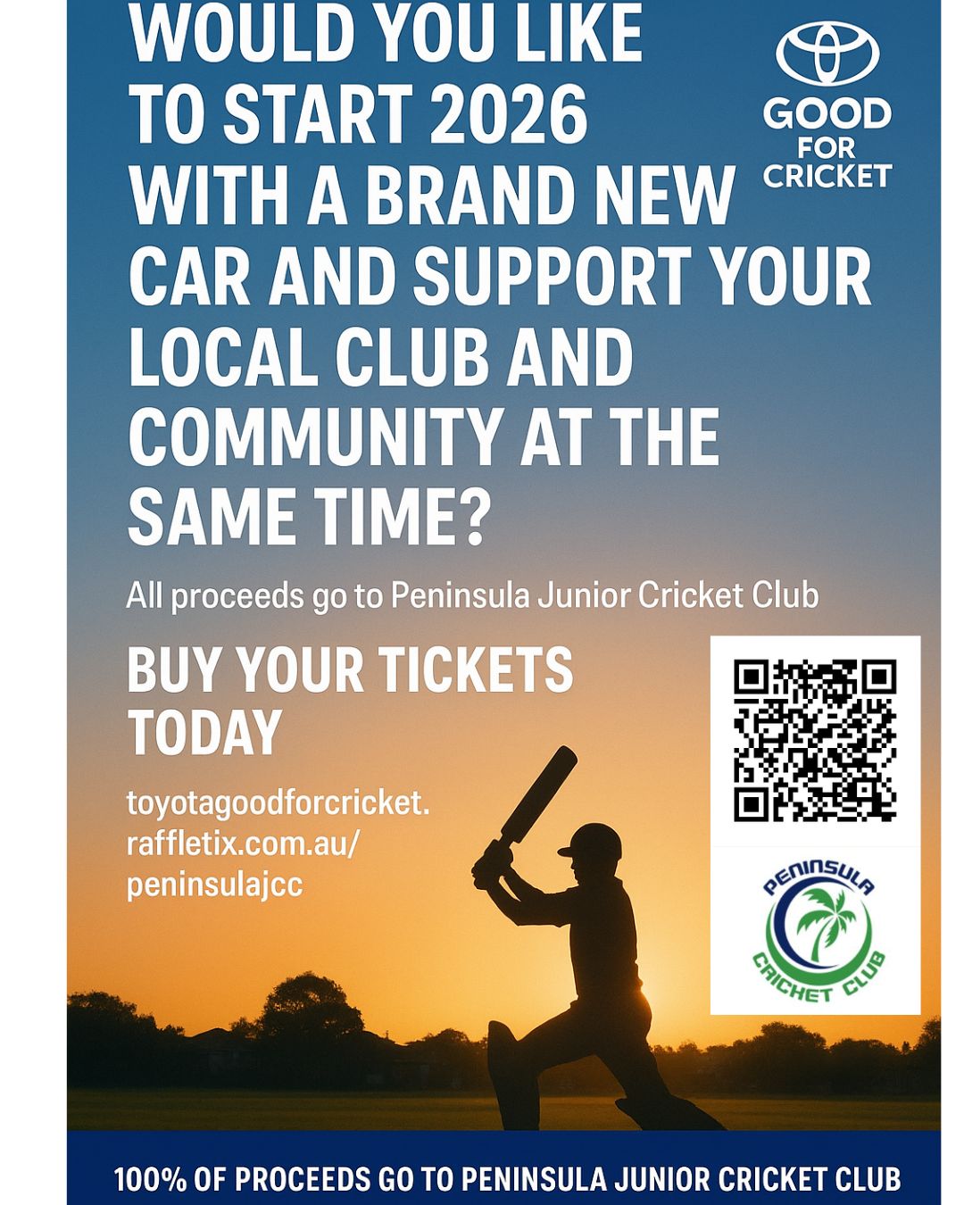 🏏❤️ Support local cricket & make a difference!
By grabbing a $5 ticket in the Toyota Good for Cricket Raffle, you’re helping Peninsula Junior Cricket Club keep registration costs low, buy new equipment, and create more opportunities for local kids to play the game they love 🙌
🎟️ Every ticket supports our club — and gives you the chance to drive away in a brand new Toyota! 🚗💨
👉 toyotagoodforcricket.raffletix.com.au/peninsulajcc
#GoodForCricket #SupportLocalSport #CommunityCricket #PeninsulaJuniorCricket #ToyotaRaffle #GrassrootsSport
