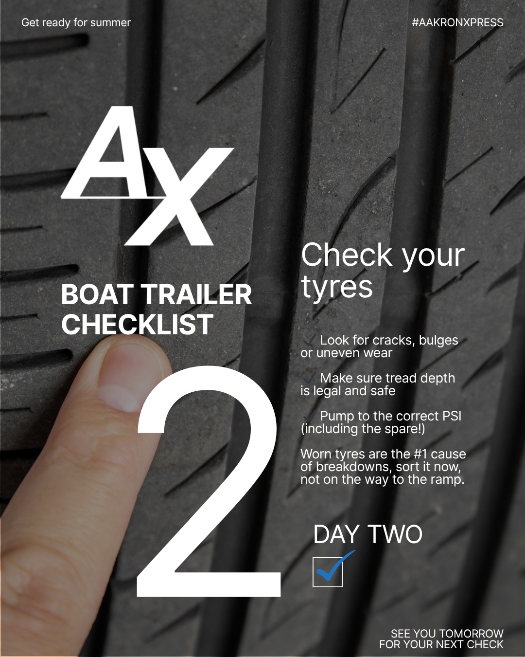 Day 2: Tyres & Spare Check!
Before towing your boat anywhere, take a minute to look over your trailer tyres — including the spare!
🔹 Check for cracks, bulges, or worn tread
🔹 Make sure tyre pressures are correct
🔹 Confirm your spare is inflated and ready to go
Good tyres = a smoother, safer tow and less chance of delays on your way to the ramp 🚤💨
#BoatTrailerTips #TrailerSafety #SummerReady #BoatLifeNZ #TyreCheck #BoatingNZ #NZBoaties