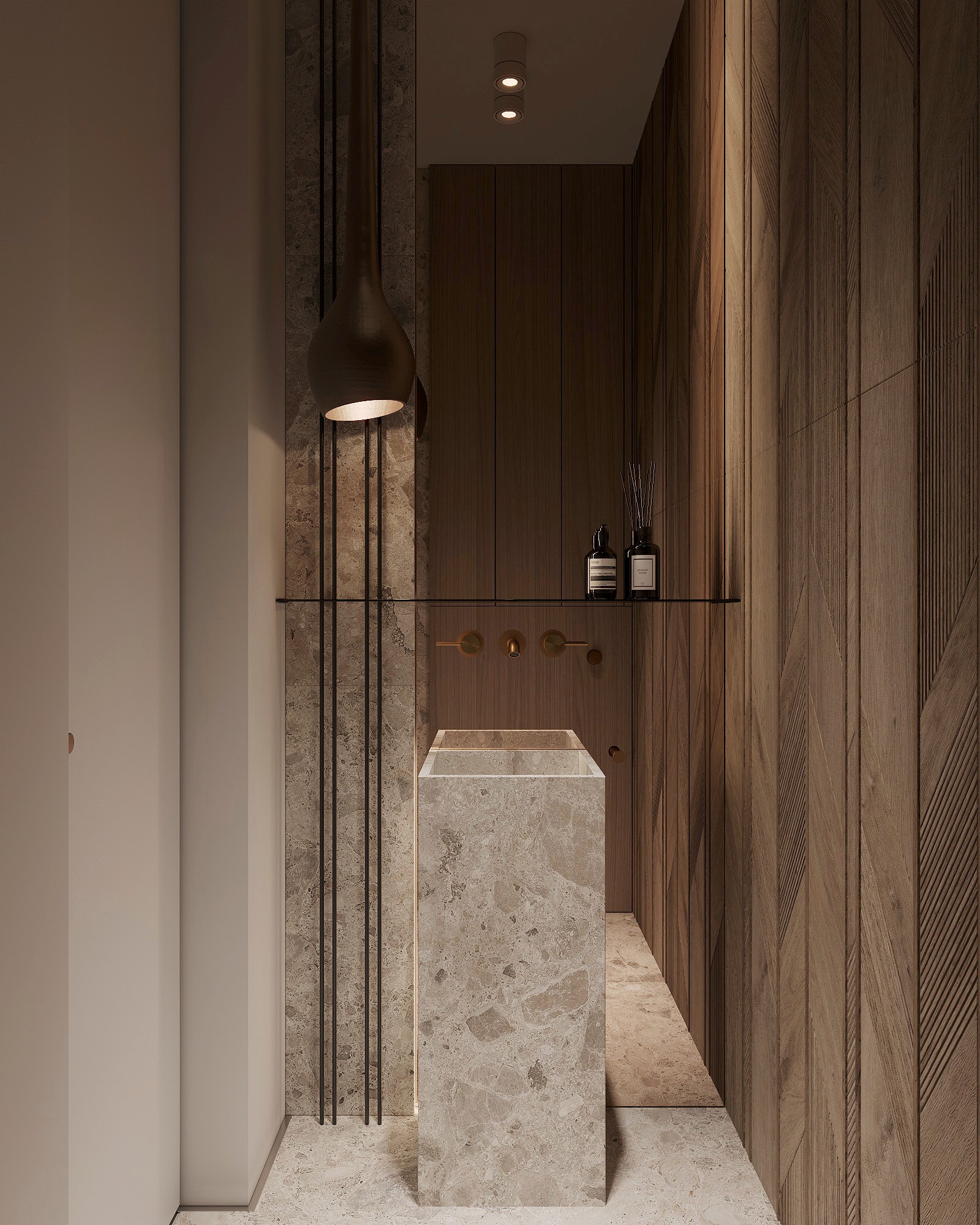 Minimalizm spotyka tu wyrafinowanie.
Naturalny kamień, ciepłe drewno i delikatne światło tworzą przestrzeń pełną spokoju i elegancji.
To wnętrze, w którym każdy detal ma znaczenie - od pionowych linii podkreślających wysokość, po subtelne, złote akcenty armatury.
Proporcje są perfekcyjnie wyważone, a materiały - szlachetne i ponadczasowe.
To więcej niż toaleta — to mała architektoniczna perła, w której design staje się codziennym rytuałem estetyki i harmonii.
#quietluxury #bathroomdesign #naturalstone #warmneutrals #interiordetails #luxuryinterior #softminimalism