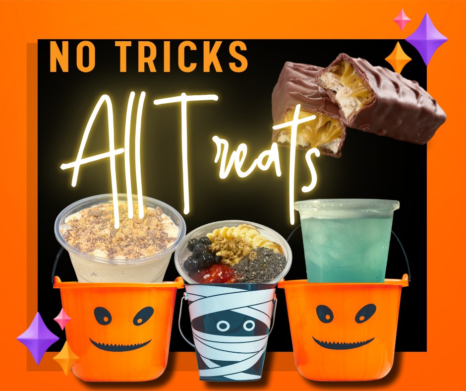 Battling the sweet tooth with Halloween right around the corner?
What if you could have your candy and not have the guilt with it?
We got you!
Stop in and grab one of our many candy-flavored shakes and teas, including Snickers, Heath, Butterfinger, and even Skittles!
What's your favorite candy-flavored shake or tea"?