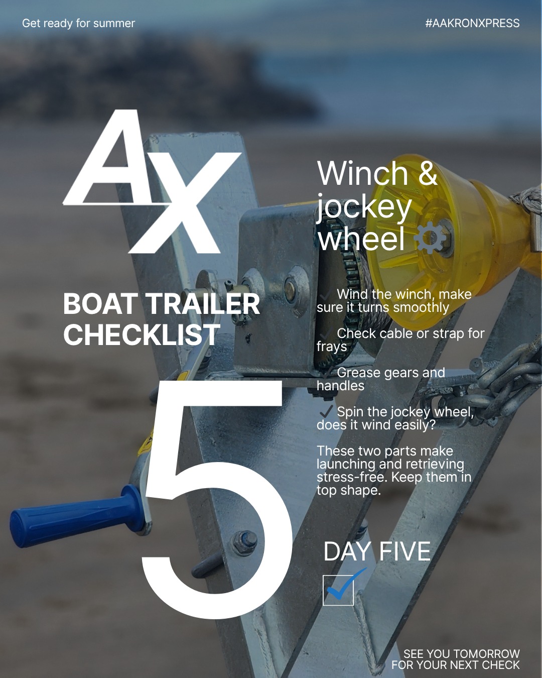 ⚙️ Day 5: Winch & Jockey Wheel Check!
Your winch and jockey wheel make launching and retrieving your boat smooth and safe. Don’t skip this step!
✅ Inspect the winch strap or cable for wear or fraying
✅ Make sure the winch operates smoothly
✅ Check the jockey wheel for proper movement and secure attachment
A little check now saves a lot of effort at the ramp! 🚤💪
#BoatTrailerTips #TrailerSafety #WinchCheck #JockeyWheel #SummerReady #BoatLifeNZ #NZBoating