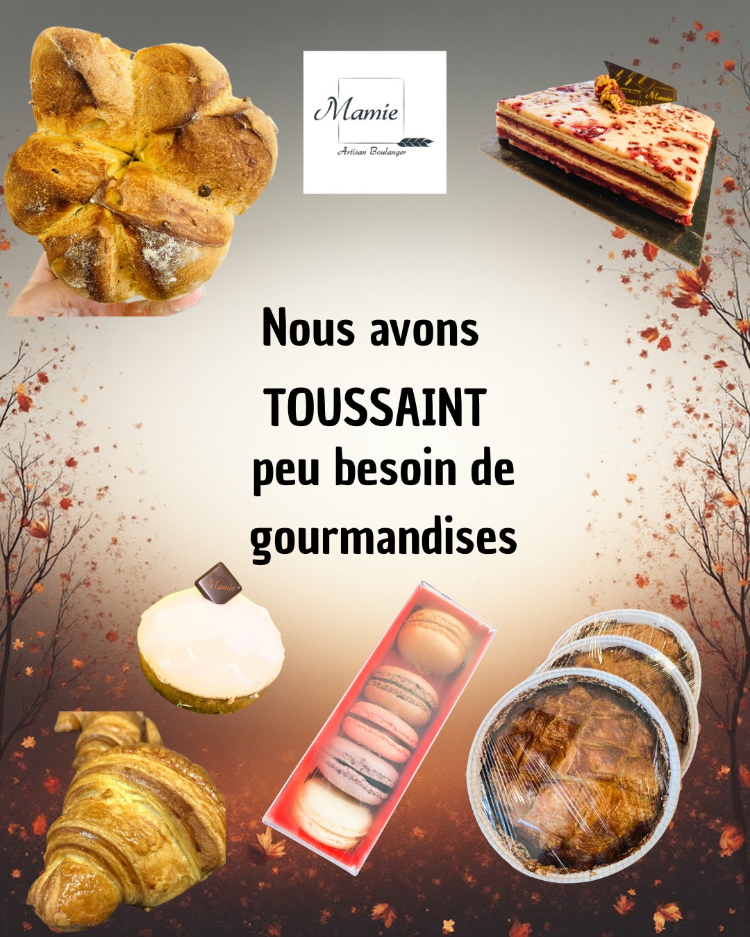 🍂 Nous avons TOUSSAINT peu besoin de gourmandises…
Mais on en a quand même préparé plein 😋
💐 Samedi 1er novembre, on reste ouverts de 7h à 19h !
Après avoir choisi un joli chrysanthème chez le fleuriste 🌸
(ça tombe bien, il y en a un juste à côté 😉),
venez vous réchauffer avec une bonne pâtisserie à partager
ou une viennoiserie gourmande 🥐🔥
Entre les brioches moelleuses, les pâtisseries fondantes
et les viennoiseries dorées, difficile de résister…
(et franchement, pourquoi le faire ?) 😏✨
Alors ce week-end de Toussaint, laissez-vous tenter 😇
Votre bonne excuse : « C’est pour honorer les traditions »
📍 Boulangerie Mamie – Saint-Clair-de-la-Tour
#BoulangerieMamie #SaintClairDeLaTour #Toussaint #Gourmandise #HumourDeBoulangerie #PainChaud #Pâtisserie #DouceurDAutomne