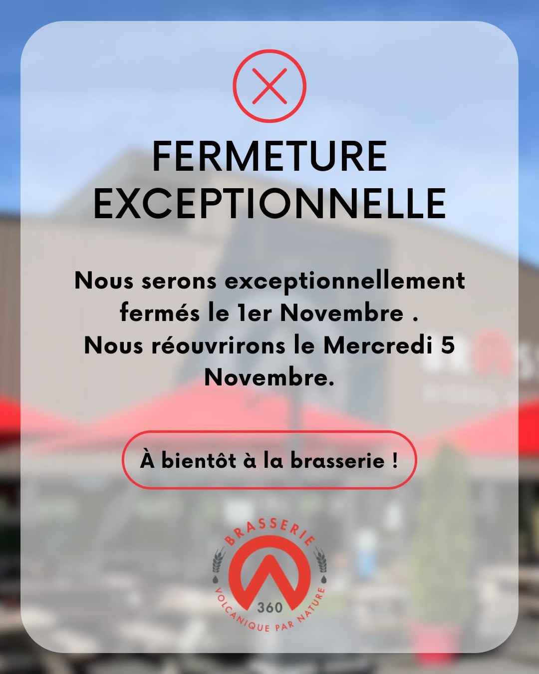 ‼️FERMETURE EXCEPTIONNELLE
Chers clients, notre équipe prendra un petit repos exceptionnel le 1er novembre.
La brasserie sera donc fermée ce jour-là et rouvrira le mercredi 5 novembre pour vous accueillir à nouveau ! 🍻
Merci pour votre compréhension et à très bientôt à la brasserie !
👋
#BièreArtisanale #Brasserie360 #bierebio #cantal #auvergnerhonesalpes #brasserieartisanale #brasserie #brewery #cratr #volcapic #volcacola #volcatea #auvergne #beerlover #craftbeer #instabeer