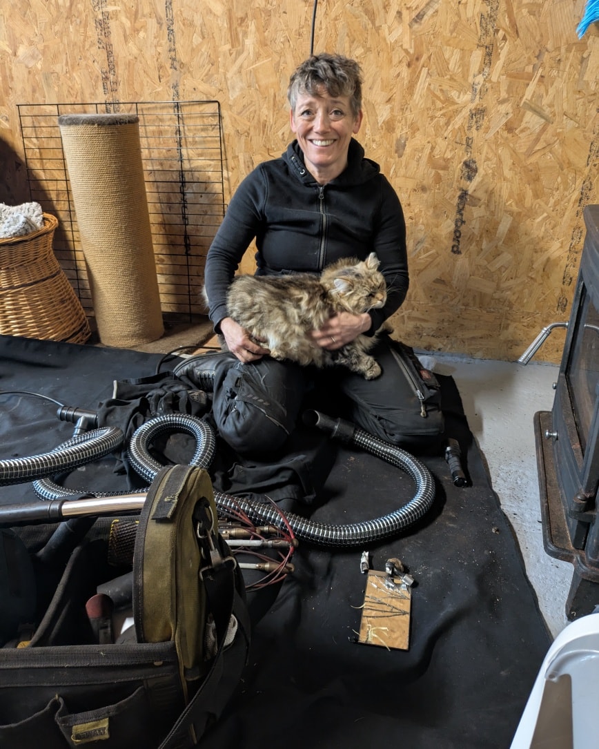 A huge thank you to Katy from Stova Sussex Chimney Sweep who always makes sure our cat house wood burner is safe and clean for all the cats to enjoy , obviously Marshall had to get in on the act which made Katy's job that bit longer but she said he was the best apprentice chimney sweep she's ever had .
