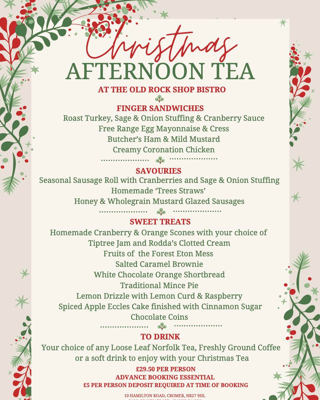 🎅✨ Christmas Afternoon Tea returns to The Old Rock Shop Bistro ✨🎅
Beginning with a selection of festive sandwiches, & of course our legendary Christmas sausage roll with cranberries & stuffing, then onto the sweet indulgence of Cranberry & Orange Scones, Salted Caramel Brownies and Spiced Apple Eccles Cake all crowned with @bakes_by_abbie's Forest Fruits Eton Mess! 🍰🎄
📅 Available from Friday 28th November to Sunday 4th January
💷 £29.50 per person (£5 per person deposit requested at time of booking)
📞 Book now — go to our website (link in the comments) to fill in our booking form or call/WhatsApp 01263 511926.
📍 The Old Rock Shop Bistro, Cromer
#Cromer #NorthNorfolk #AfternoonTea #ChristmasAfternoonTea #TheOldRockShopBistro #FestiveTreats