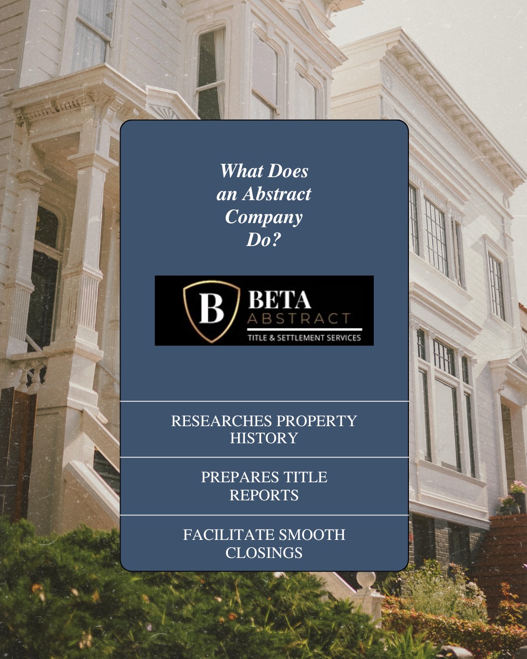 Ever wonder what an abstract company really does? 👀
Here’s a quick breakdown:
🔎 We research the property’s history to uncover any liens or issues.
🧾 We prepare detailed title reports so you can close with confidence.
🏠 We help make sure every closing is smooth, secure, and stress-free!
Your home deserves a clear title — that’s where we come in. 💼✨
#TitleCompany #RealEstateExperts #PropertyProtection #ClosingDay #HomeBuyingJourney #BetaAbstract